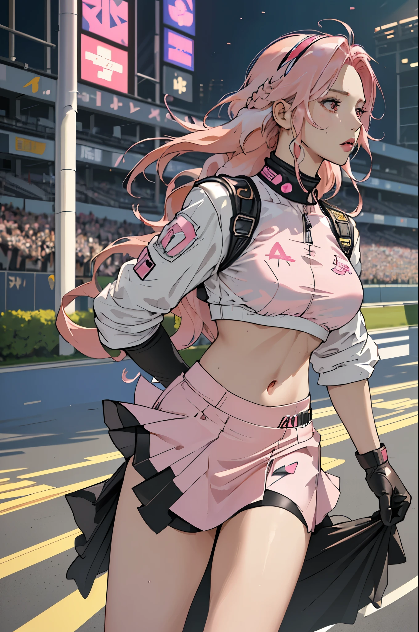 highest quality, ultra high resolution, (realistic: 1.4), (pink long hair: 1.3), (azur lane\), one girl, (K-POPアイドル), view audience, detailed face, contrap post, smooth skin, Professional lighting of perfect anatomy, futuristic fashion, streetwear, tech fabric, racing suit, Refractory materials, elbow and knee pads, racing gloves, personalized embroidery, sports car background, hole, mini skirt, belly button, pink hair, Suzuka Circuit, circuit home straight, Circuit Track, Clothes that show the stomach