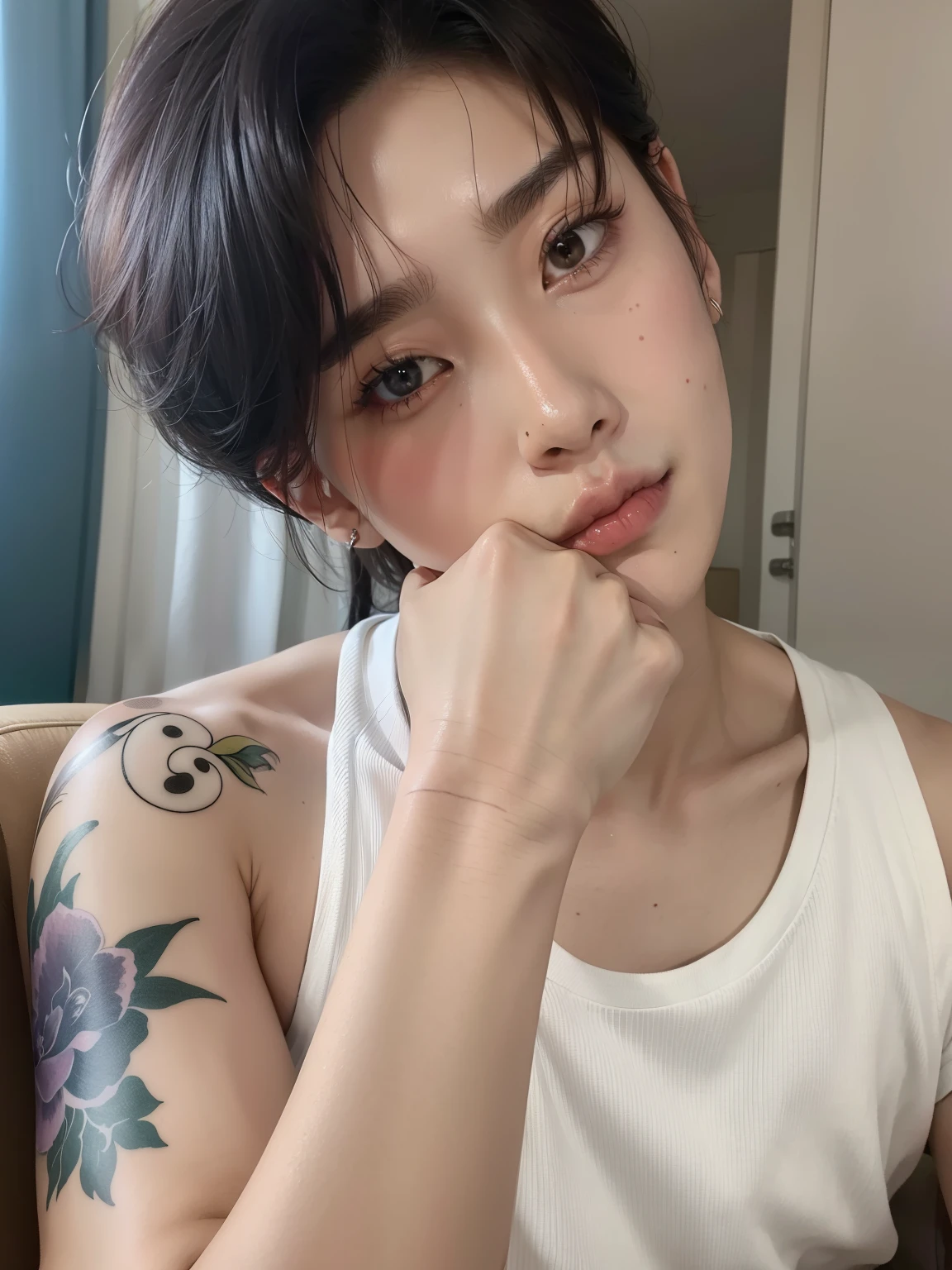 hay un hombre con un tatuaje en el brazo y una camiseta blanca, kim doyoung, hyung tae, kim taejin, Hong June Hyung, delicate androgynous prince, foto de perfil, Won Bin Lee, Jimin\his right eyelid is swollen, beautiful androgynous prince, pintar ulzzang, hyung tae kim, hombre surcoreano