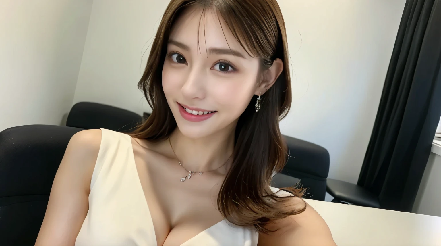 whole body画角, (((1 girl: 1.5))), realistic:1.3, table top, highest quality, ((1 beautiful woman)), Japanese, company employee, smile, thin abs, big and full breasts, white business blouse, button is off, cleavage, black tight mini skirt, Sit on an office chair with your legs open, beautiful long legs, (whole body), beautiful face, beautiful eyes, detailed face, fine eyes, At the office, 8K resolution