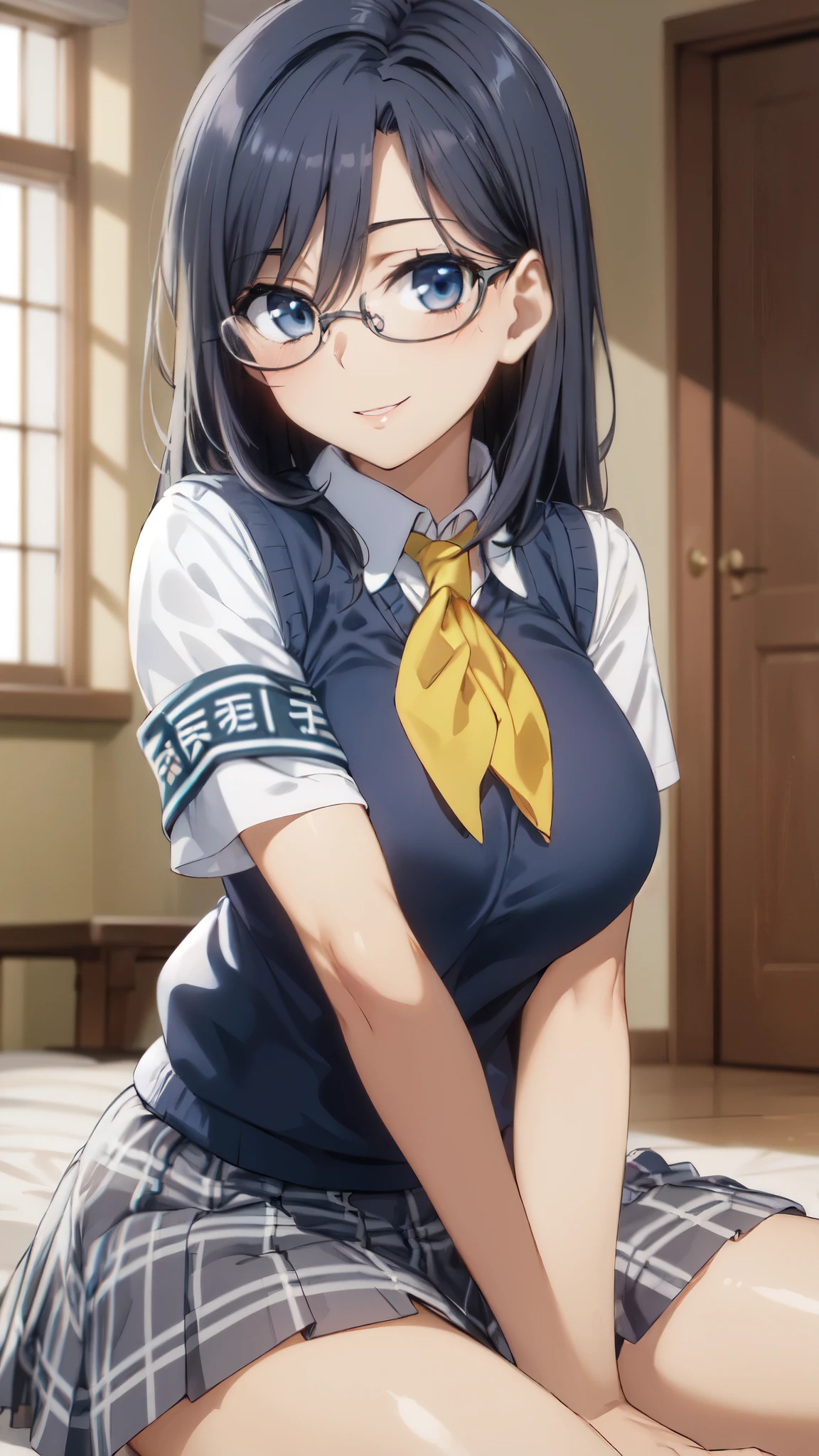 masterpiece, highest quality, High resolution, morning, semi-long, black hair, blue eyes, Glasses, , yellow neckerchief, collared shirt, sweater vest,large breasts,(Blue Vest:1.2), short sleeve, armband, plaid skirt, gray skirt, indoors, sitting, smile, open your mouth, 