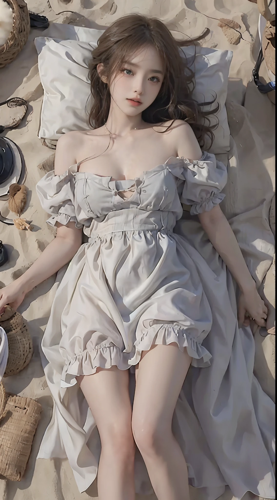 wearing puff_dress, (masterpiece, best quality:1.2), 1girl, solo, ((bare shoulders)), (actual:1.37), ((lying on a beach)), ((Bird&#39;s eye view shot)), Sweet maiden, beautiful妆容, Exquisite makeup, Extremely beautiful eyes, long hair, curls, slim body, ((big breasts, Big breasts, cleavage)), Sexy slender legs, The skirt is short, Leaking sexy legs, elegant posture, Dynamic posing, best quality, correct, correct的手, correct的腿, 解剖学correct, official art, complex, detail的脸, detail, lifelike, Very detailed, amazing, beautiful, Young and energetic, Charming model, Meticulous CG Uniform 8k wallpaper