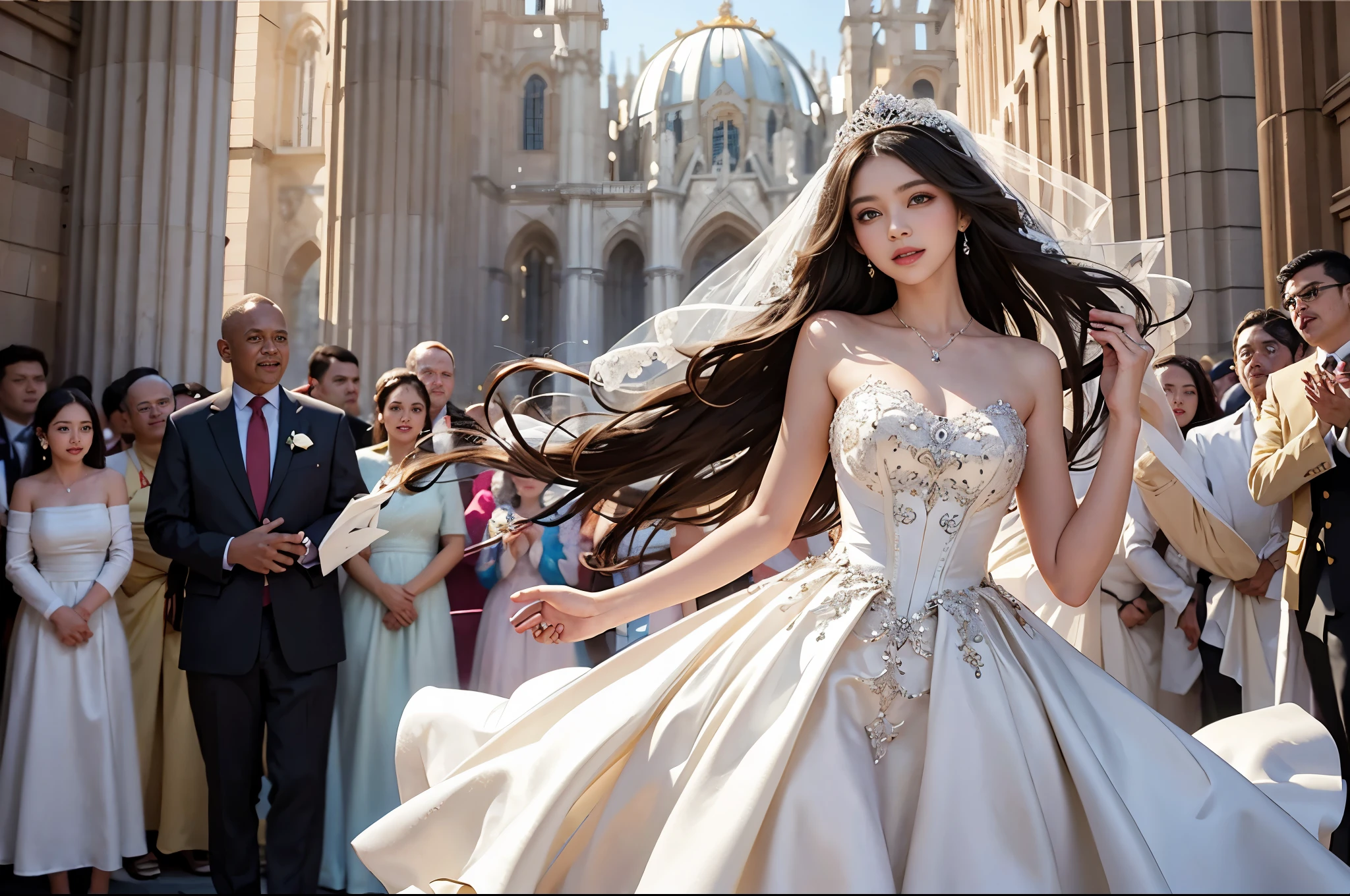 best quality, masterpiece, 1 girl, huge laugh, cute teen, shiny lips, sweet, sun glare, Conservative attire, Beaded bell-line wedding dress, bridal tiara, depth of field, blurred background, Cathedral Background, light particles, strong wind, head tilt, long hair,