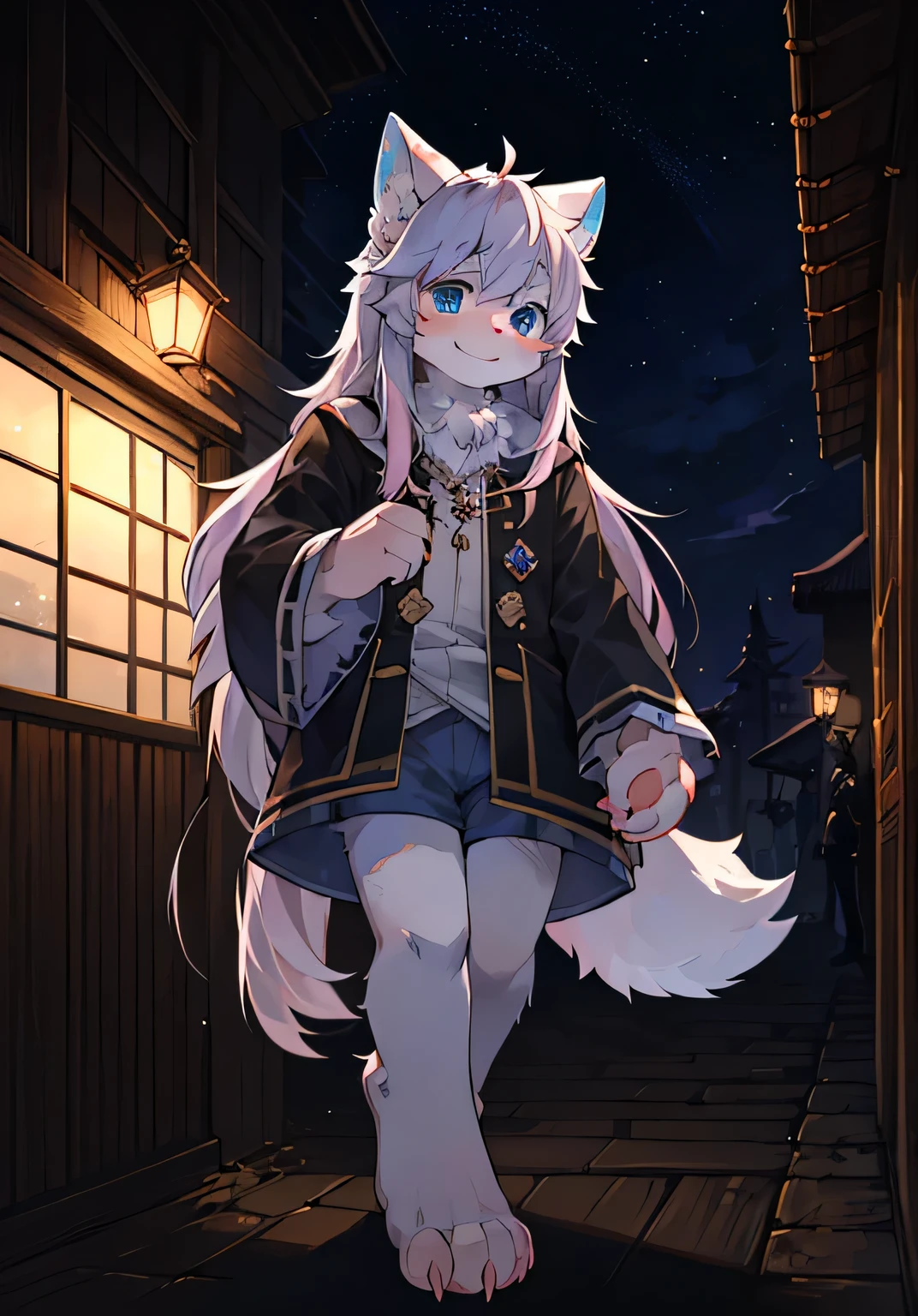 hairy ,hairy尾巴,blue eyes,Highlight white fun fur,cute ???,young, and lovely emphasis,walking posture,Detailed characters,with a smile on face(1.2),pink pad,Enhance long-haired animals,paws with claws(1.2),night,pay(1.1),boys,Wolf