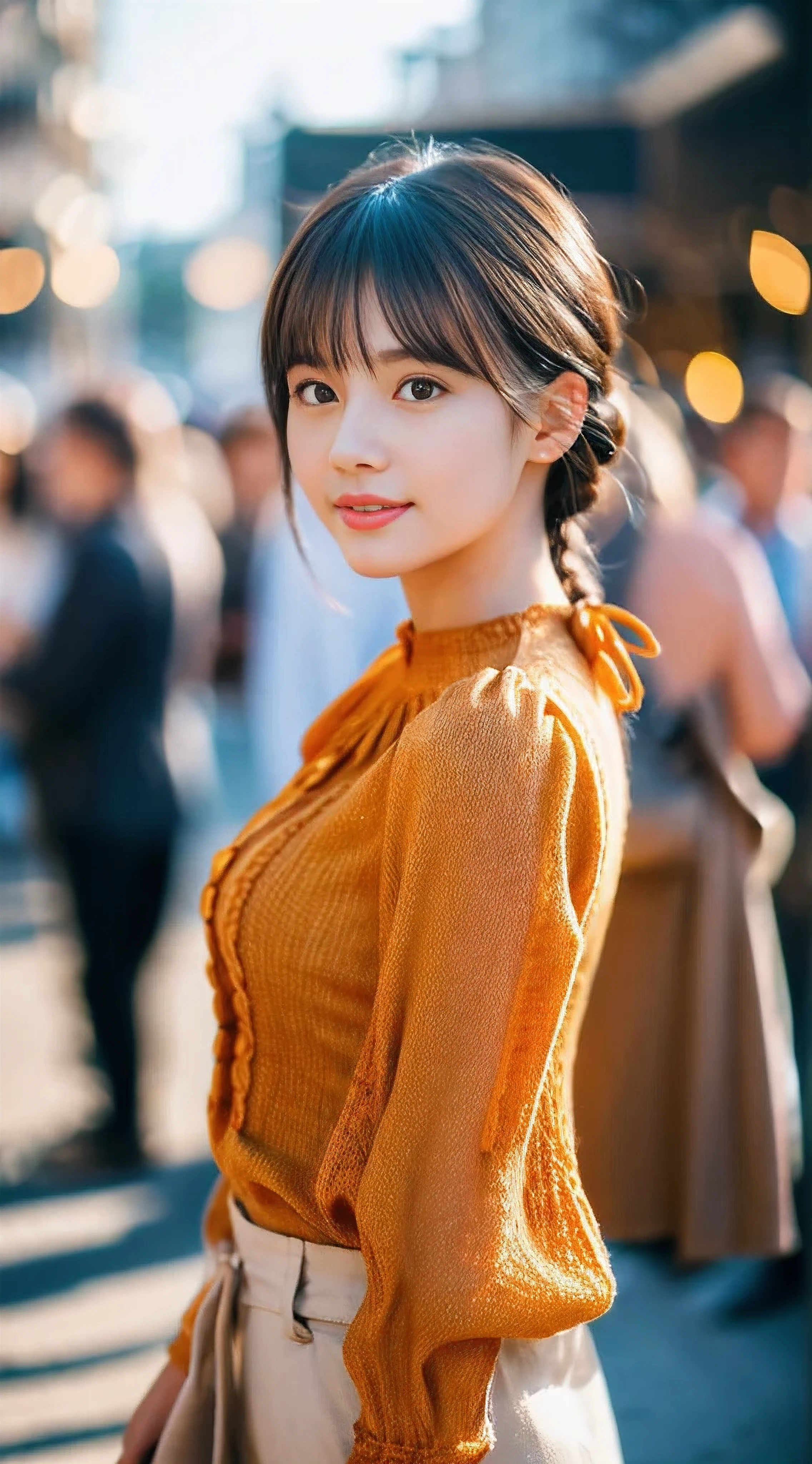 highest quality, realistic, 1 girl, woman,(skin dents), Medium chest, (bright), (professional lighting, Bokeh), (street), people々, crowd, braided bangs, (blouse:1.5), (I wore:0.8), nice, bloom, floating hair, (dynamic pose:0.6) , soft lighting, 