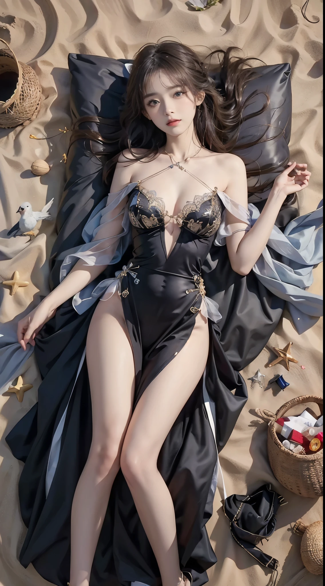 constellation, (masterpiece, best quality:1.2), 1girl, solo, ((bare shoulders)), (actual:1.37), ((lying on a beach)), ((Bird's eye view shot)), Sweet maiden, beautiful妆容, Exquisite makeup, Extremely beautiful eyes, long hair, curls, slim body, ((big breasts, Big breasts, cleavage)), Sexy slender legs, The skirt is short, Leaking sexy legs, elegant posture, Dynamic posing, best quality, correct, correct的手, correct的腿, 解剖学correct, official art, complex, detail的脸, detail, lifelike, Very detailed, amazing, beautiful, Young and energetic, Charming model, Meticulous CG Uniform 8k wallpaper