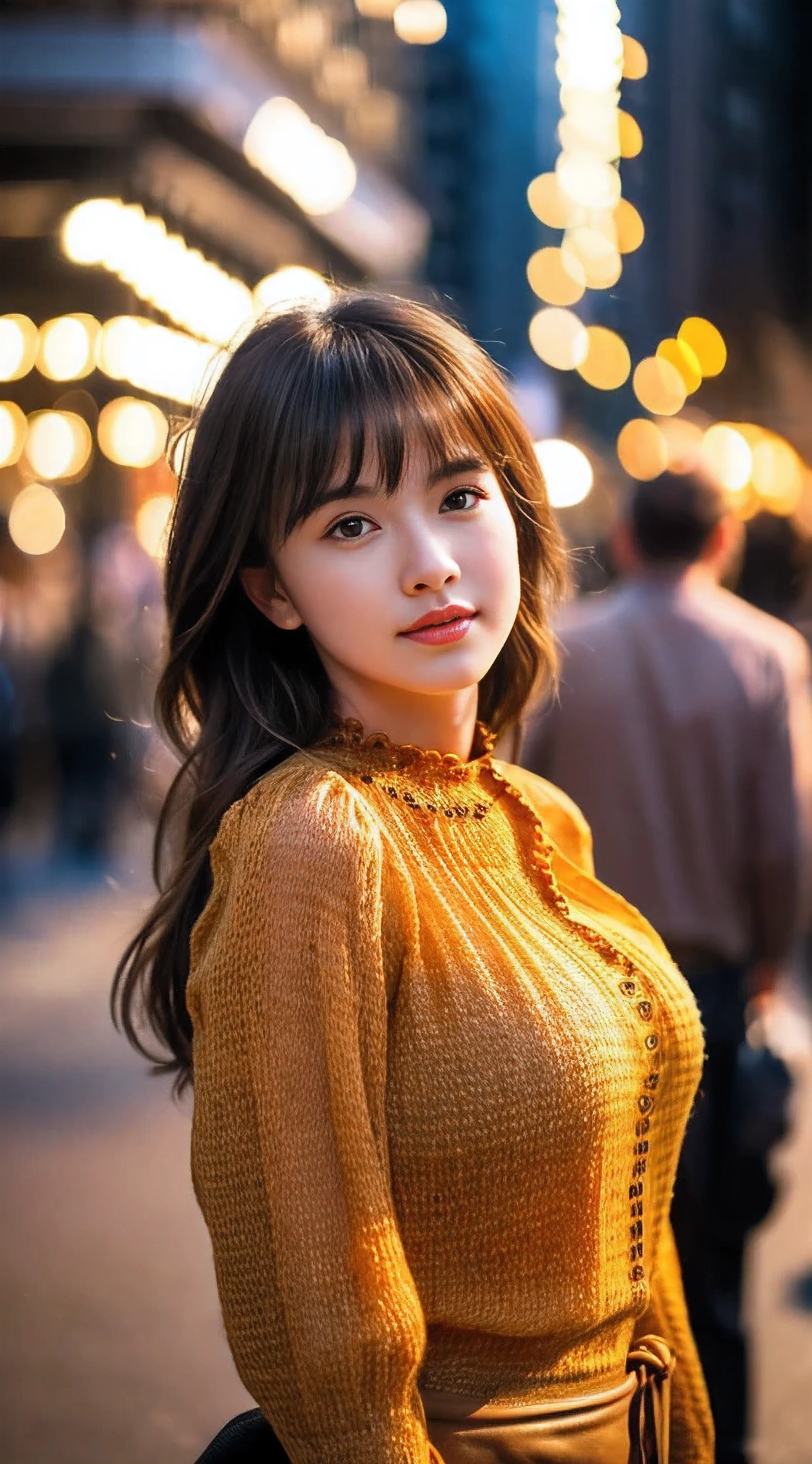 highest quality, realistic, 1 girl, woman,(skin dents), Medium chest, (bright), (professional lighting, Bokeh), (street), people々, crowd, braided bangs, (blouse:1.5), (I wore:0.8), nice, bloom, floating hair, (dynamic pose:0.6) , soft lighting,