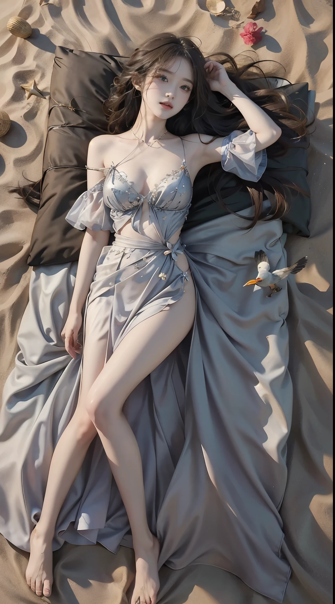 constellation, (masterpiece, best quality:1.2), 1girl, solo, ((bare shoulders)), (actual:1.37), ((lying on a beach)), ((Bird's eye view shot)), Sweet maiden, beautiful妆容, Exquisite makeup, Extremely beautiful eyes, long hair, curls, slim body, ((big breasts, Big breasts, cleavage)), Sexy slender legs, The skirt is short, Leaking sexy legs, elegant posture, Dynamic posing, best quality, correct, correct的手, correct的腿, 解剖学correct, official art, complex, detail的脸, detail, lifelike, Very detailed, amazing, beautiful, Young and energetic, Charming model, Meticulous CG Uniform 8k wallpaper