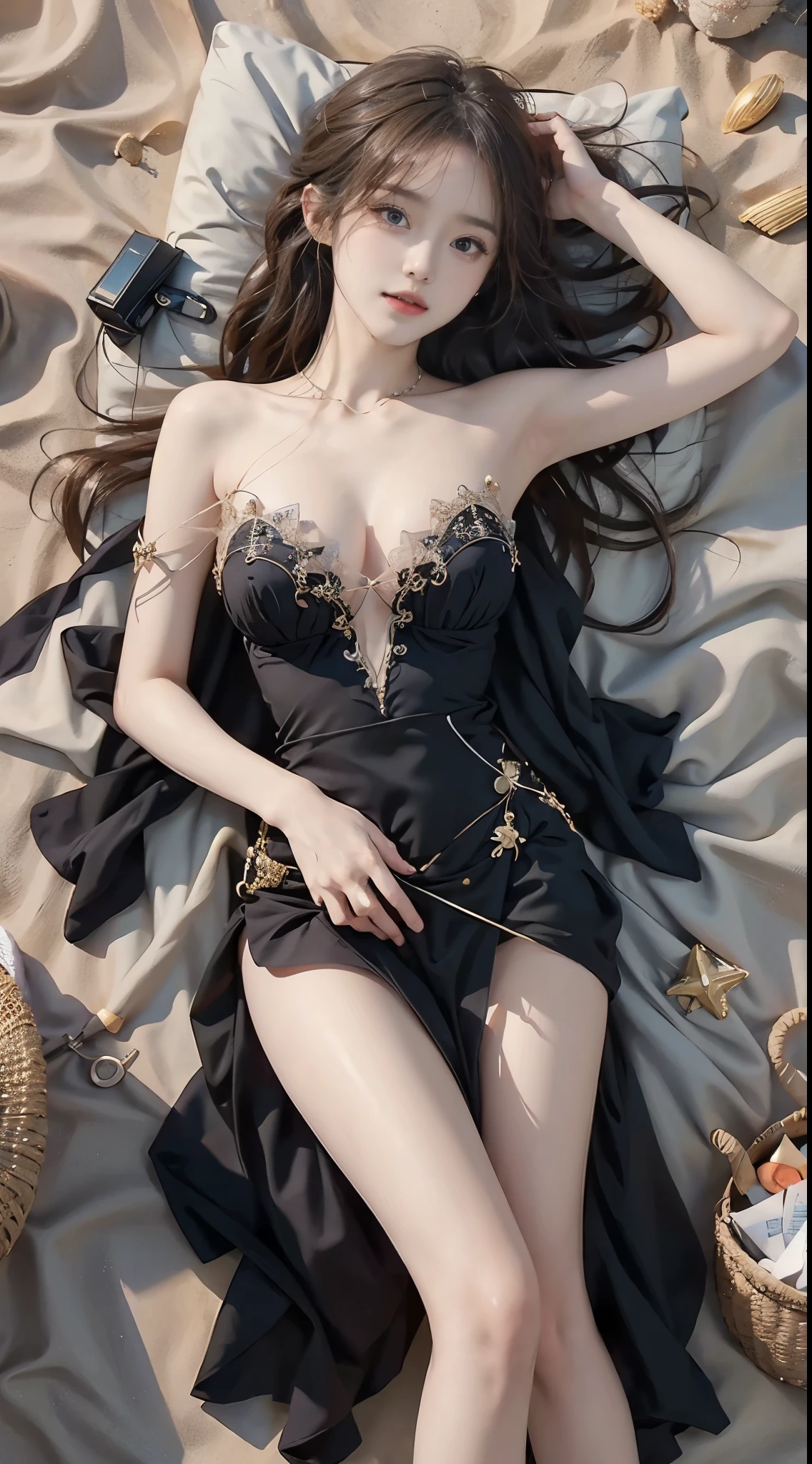 constellation, (masterpiece, best quality:1.2), 1girl, solo, ((bare shoulders)), (actual:1.37), ((lying on a beach)), ((Bird's eye view shot)), Sweet maiden, beautiful妆容, Exquisite makeup, Extremely beautiful eyes, long hair, curls, slim body, ((big breasts, Big breasts, cleavage)), Sexy slender legs, The skirt is short, Leaking sexy legs, elegant posture, Dynamic posing, best quality, correct, correct的手, correct的腿, 解剖学correct, official art, complex, detail的脸, detail, lifelike, Very detailed, amazing, beautiful, Young and energetic, Charming model, Meticulous CG Uniform 8k wallpaper
