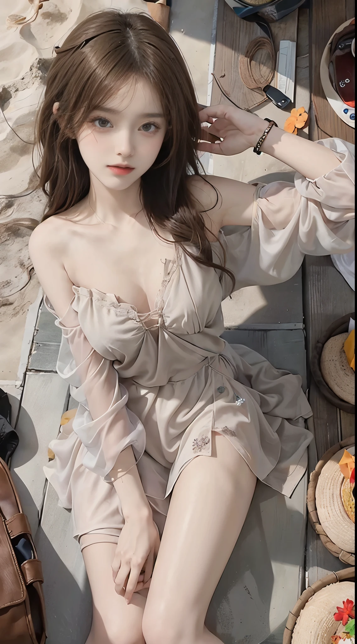 summer4, (masterpiece, best quality:1.2), 1girl, solo, ((bare shoulders)), (actual:1.37), ((lying on a beach)), ((Bird&#39;s eye view shot)), Sweet maiden, beautiful妆容, Exquisite makeup, Extremely beautiful eyes, long hair, curls, slim body, ((big breasts, Big breasts, cleavage)), Sexy slender legs, The skirt is short, Leaking sexy legs, elegant posture, Dynamic posing, best quality, correct, correct的手, correct的腿, 解剖学correct, official art, complex, detail的脸, detail, lifelike, Very detailed, amazing, beautiful, Young and energetic, Charming model, Meticulous CG Uniform 8k wallpaper