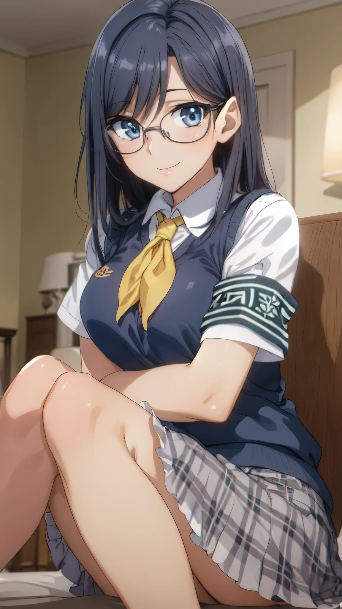 masterpiece, highest quality, High resolution, morning, semi-long, black hair, blue eyes, Glasses, , yellow neckerchief, vivid color,bright light,collared shirt, sweater vest,large breasts,(Blue Vest:1.2), short sleeve, armband, plaid skirt, gray skirt, indoors, sitting, smile, open your mouth, 