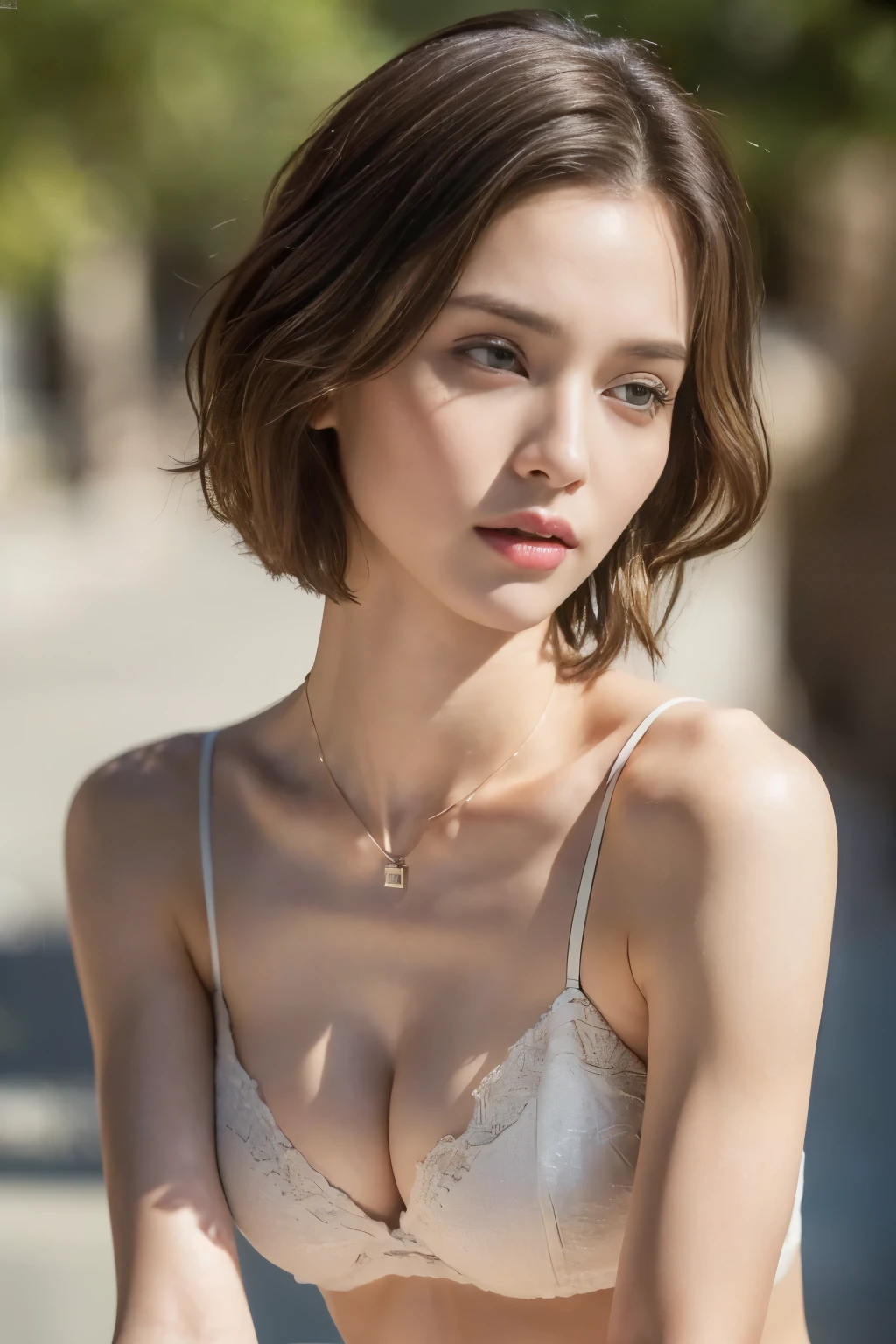 ((top-quality、8K、​masterpiece: 1.erfect Body Beauty: 1.4、Slender Abs: 1.2、Beautiful woman with slender abs:1.3、(Highlight Haircutreast B Cup:1.2), medium breast, round shape breast, perfect shape breast, (()),  necklace, hyperdetailed face、18year old、 Pretty women、(Dark brown short-cut hair), Slim Face、Highly detailed facial and skin texture、very detailed lips、opens legs、top-quality、​masterpiece、超A high resolution、(Photorealsitic:1.4), walked forward confidently, long shot , studio background