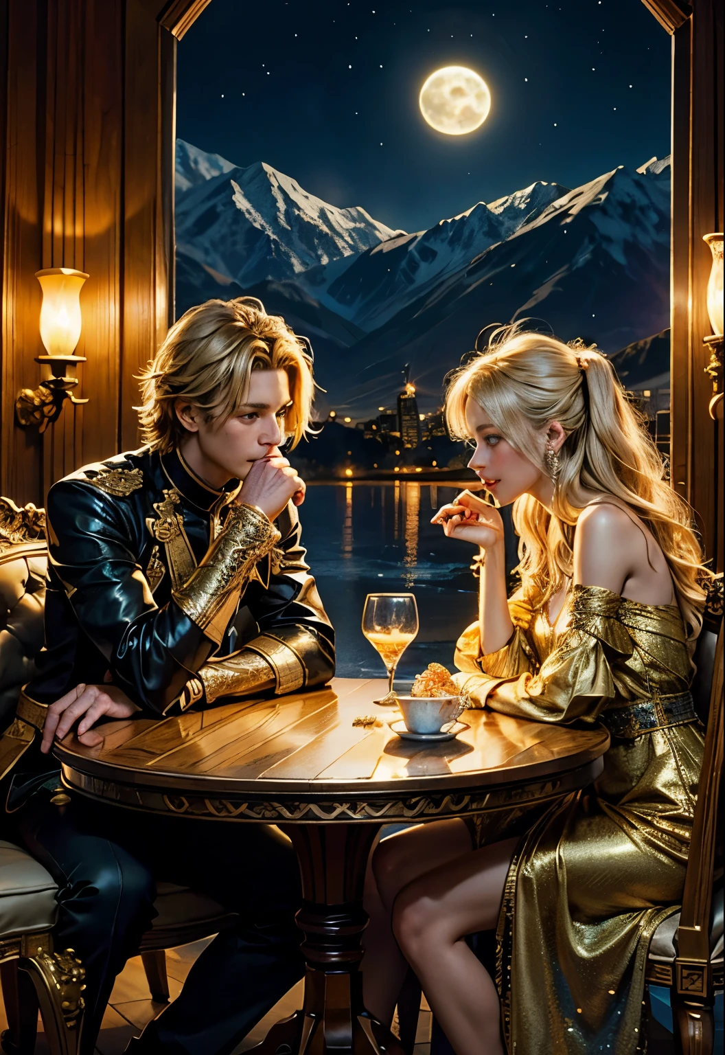 couple photo of two people(table, highest quality, Best quality, official art, beautiful and aesthetically pleasing:1.2), (1 girl in), looking at each other,very detailed,(fractal art:1.3),colorful,highest detail, she has long blonde hair and blue eyes, she has a long crystal wand, besides, What'besides, What'This'this is the girl in the center of the photo...、Full moon in the background, she is wearing a luxurious golden dress