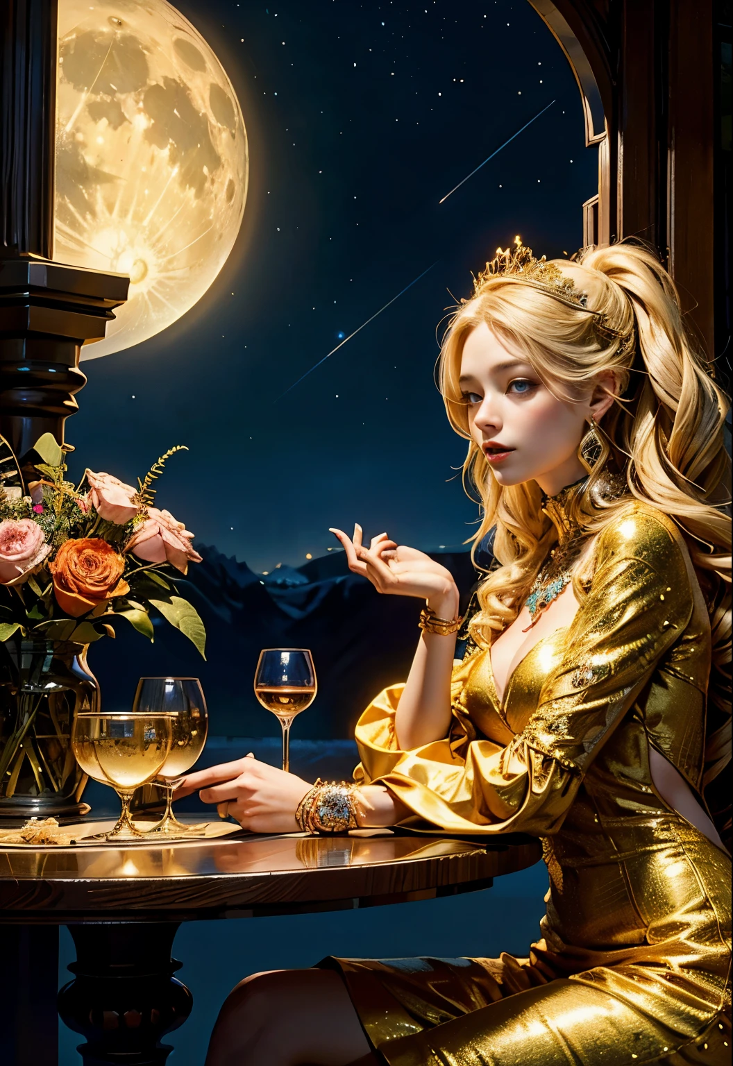 couple photo of two people(table, highest quality, Best quality, official art, beautiful and aesthetically pleasing:1.2), (1 girl in), looking at each other,very detailed,(fractal art:1.3),colorful,highest detail, she has long blonde hair and blue eyes, she has a long crystal wand, besides, What&#39;besides, What&#39;This&#39;this is the girl in the center of the photo...、Full moon in the background, she is wearing a luxurious golden dress