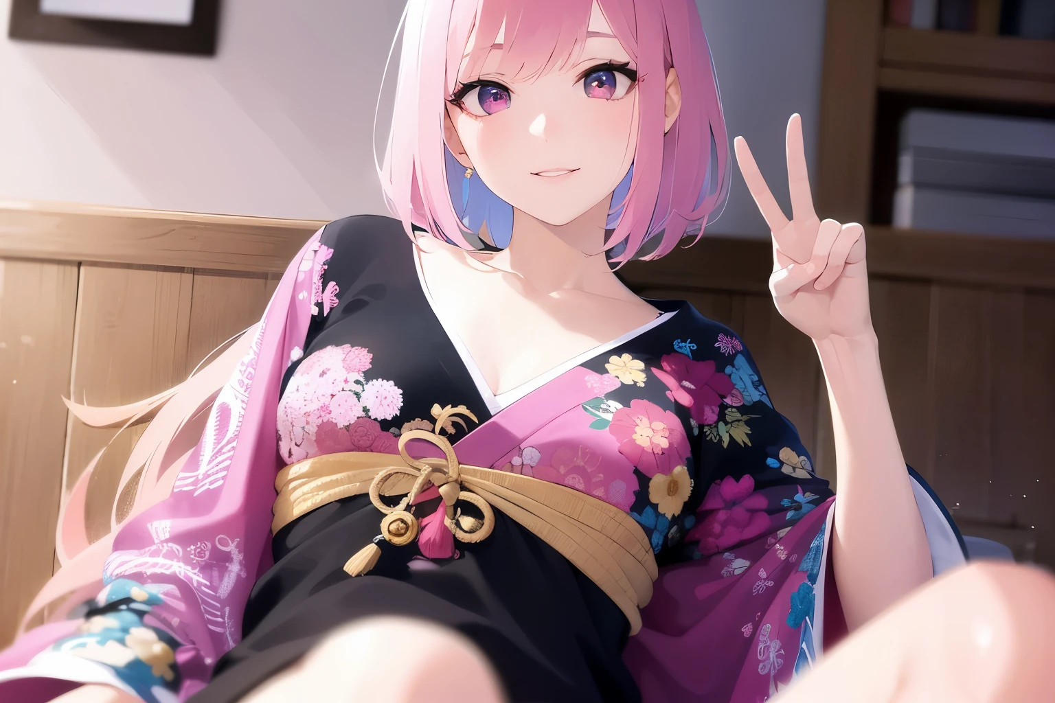 Upper body is shown、doing the peace sign、Realistic, real person, RAW photo, photorealistic, portrait photography, shiny skin, japanese idol、pink hair、bob cut hair with bangs、20 year old woman with pink eyes、(embarrassed:1.2), smile, Alone、(black:1.2) and (T-shirt) and (over size), The background is the living room、Are standing