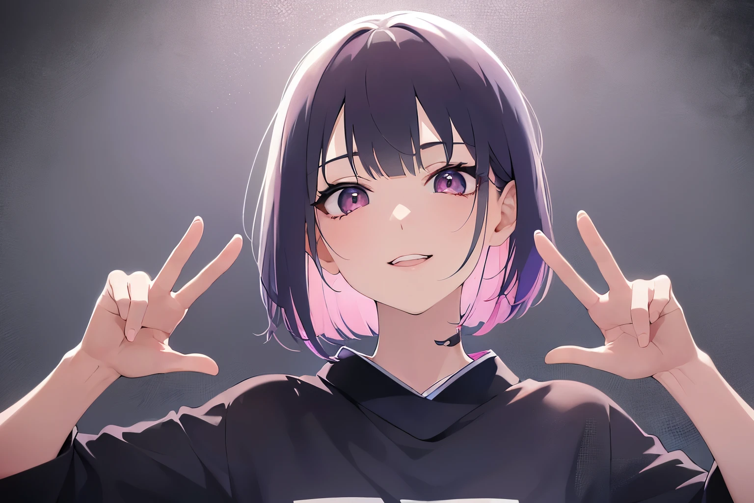 Upper body is shown、doing the peace sign、Realistic, real person, RAW photo, photorealistic, portrait photography, shiny skin, japanese idol、pink hair、bob cut hair with bangs、20 year old woman with pink eyes、smile, Alone、(black:1.2) and (T-shirt) and (over size), The background is the living room、Are standing