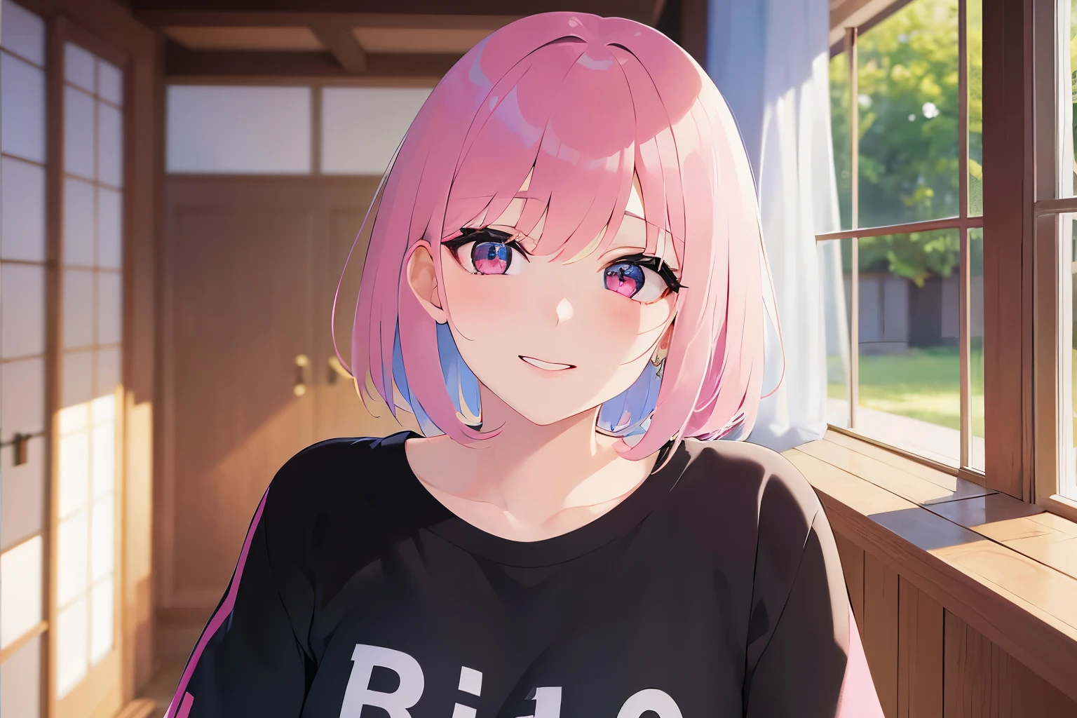 Upper body is shown、doing the peace sign、Realistic, real person, RAW photo, photorealistic, portrait photography, shiny skin, japanese idol、pink hair、bob cut hair with bangs、20 year old woman with pink eyes、(embarrassed:1.2), smile, Alone、(black:1.2) and (T-shirt) and (over size), The background is the living room、Are standing