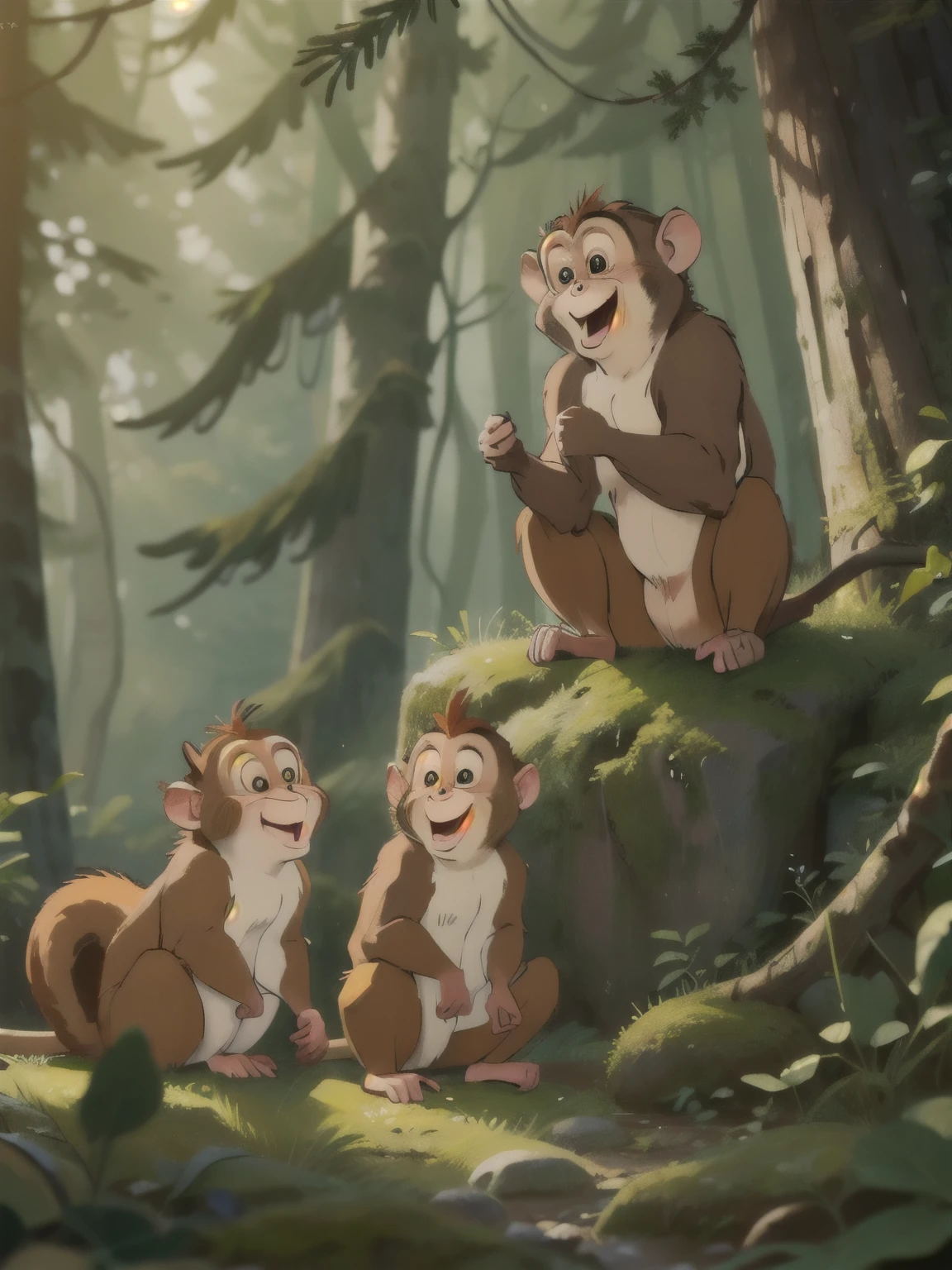 There are squirrels and monkeys in the forest，sad squirrel，Three happy monkeys，monkey holding pine cone，masterpiece，best quality