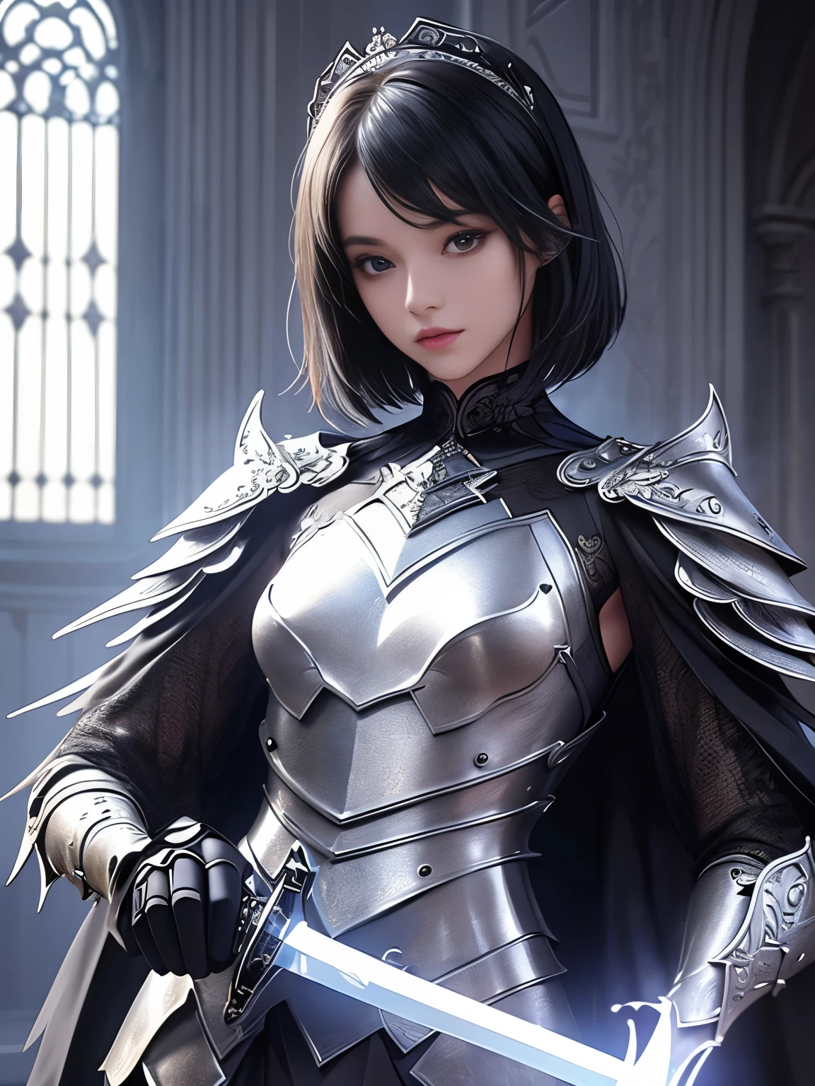 (((Best Quality))), ((Ultra-detailed)), (extremely detailed photo), ((extremely delicate and beautiful)),(Cute delicate face), ((masterpiece)), perfect anatomy, intricate, (highly detailed), masterpiece, photorealistic, (Tall and cool 20 year old boyish girl),(silver and black armor:1.3), ((Castle Town)) ,(upper body),(holding glowing sword),alone,(black hair and short hair),(dynamic pose), looking at viewer, double eyelid,delicate skin,slender body shape,small breast