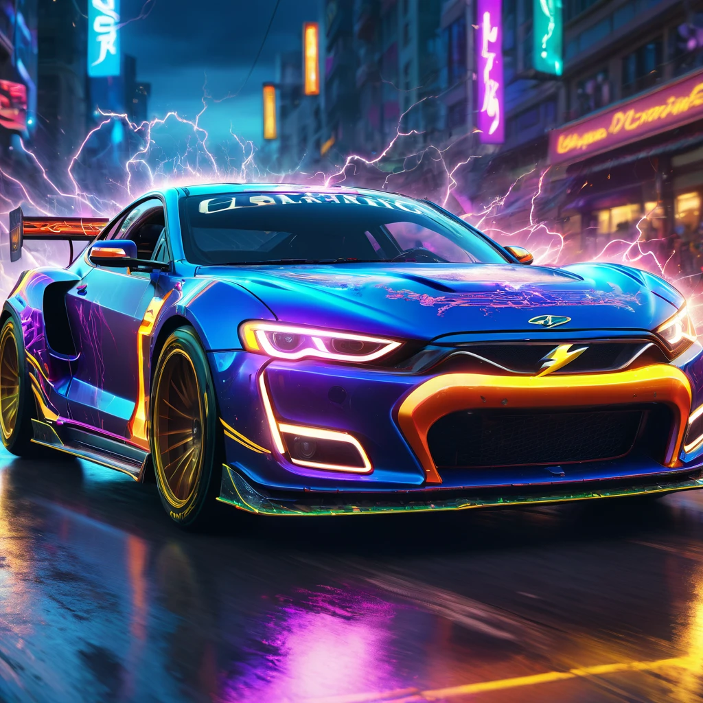 Racing Car, aesthetic, extremely detailed, speeding time lapse lightning flash neon car race detailed, detailed matte painting, deep color, fantastical, intricate detail, splash screen, complementary colors, fantasy concept art, 8k resolution trending on Artstation Unreal Engine 5