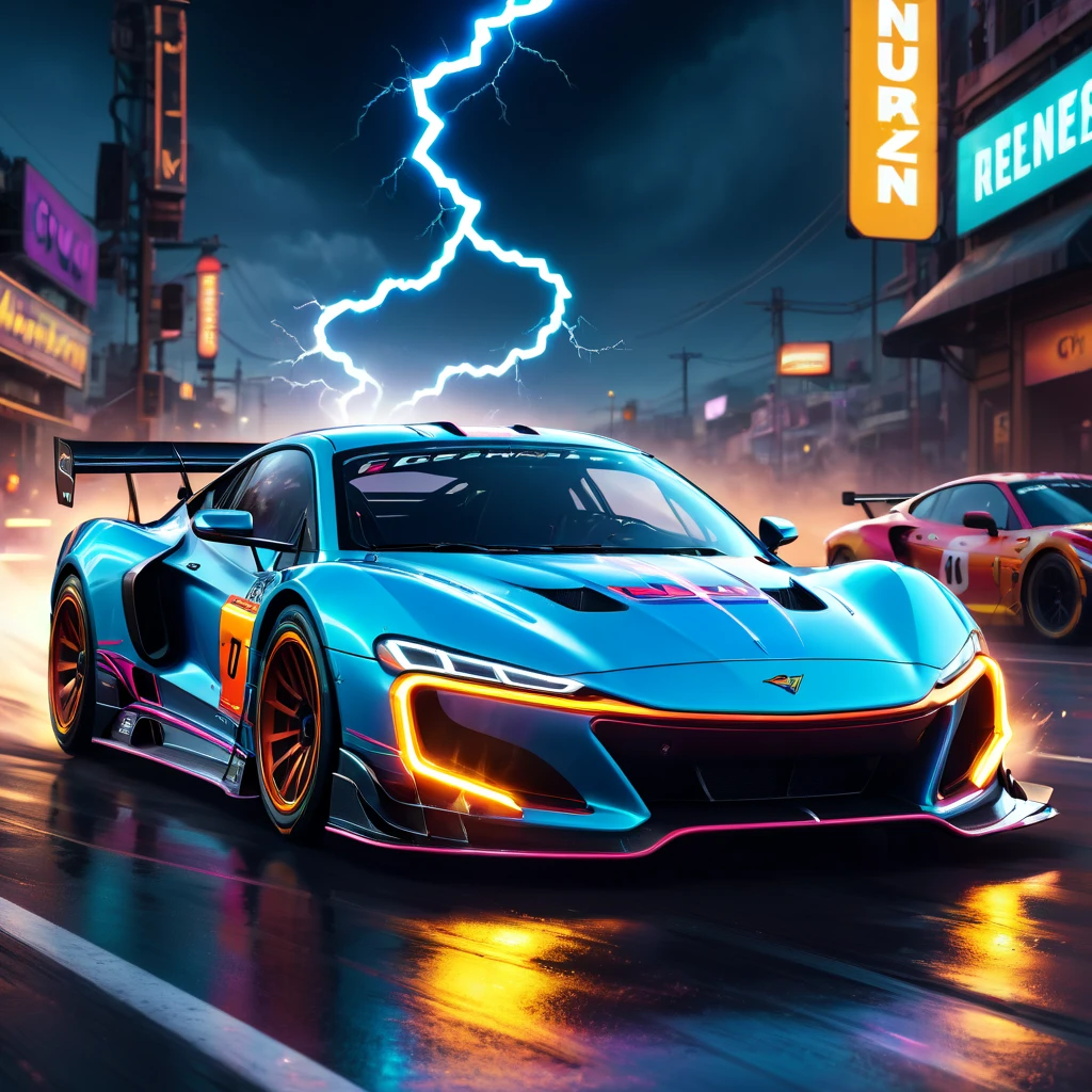 Racing Car, aesthetic, extremely detailed, speeding time lapse lightning flash neon car race detailed, detailed matte painting, deep color, fantastical, intricate detail, splash screen, complementary colors, fantasy concept art, 8k resolution trending on Artstation Unreal Engine 5