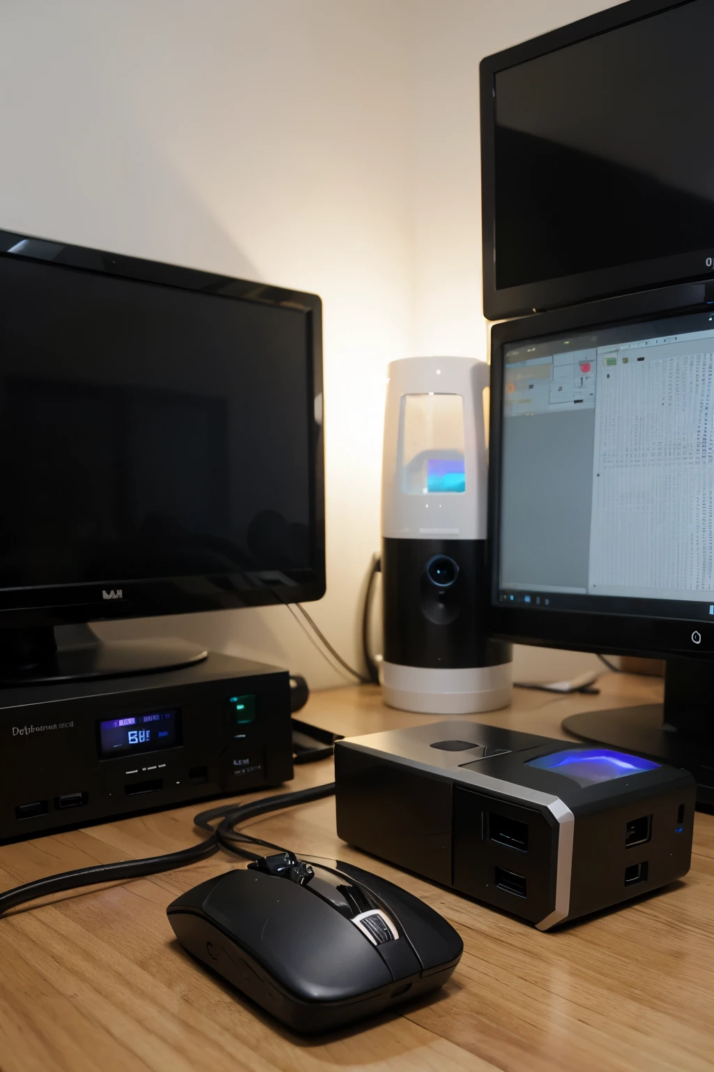 a mini pc with holographic monitor and mouse no wires included just the pc and hologram peripherals