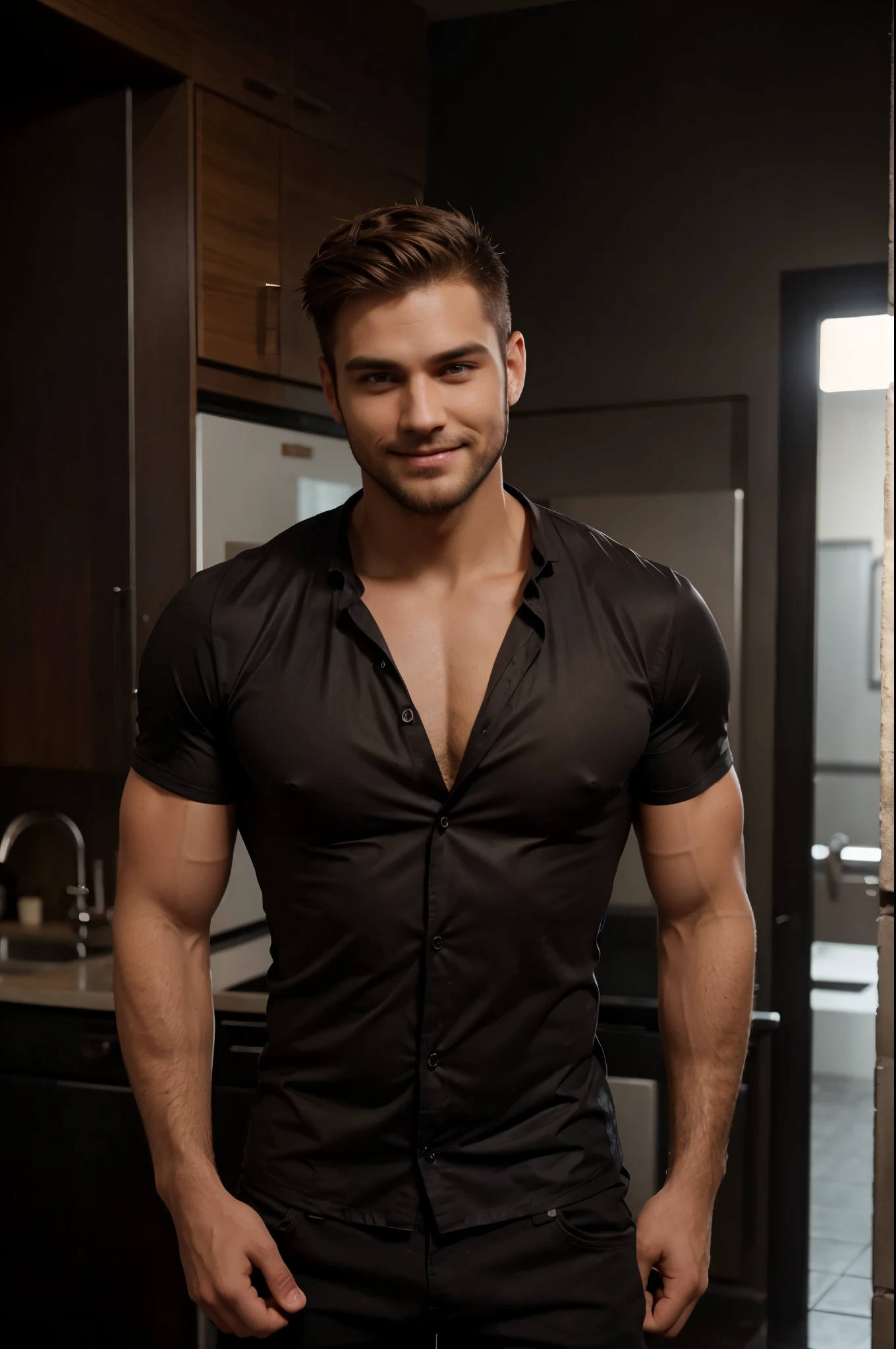 Male Character, Short Beard, almost shaved hair, brown hair, Sharp Jawline, Intense Eyes, Muscular Body, Standing, Photographic Image, Candid, Black Colour Color Shirt, Unbuttoned Shirt Smiling face, perfetc teeth
