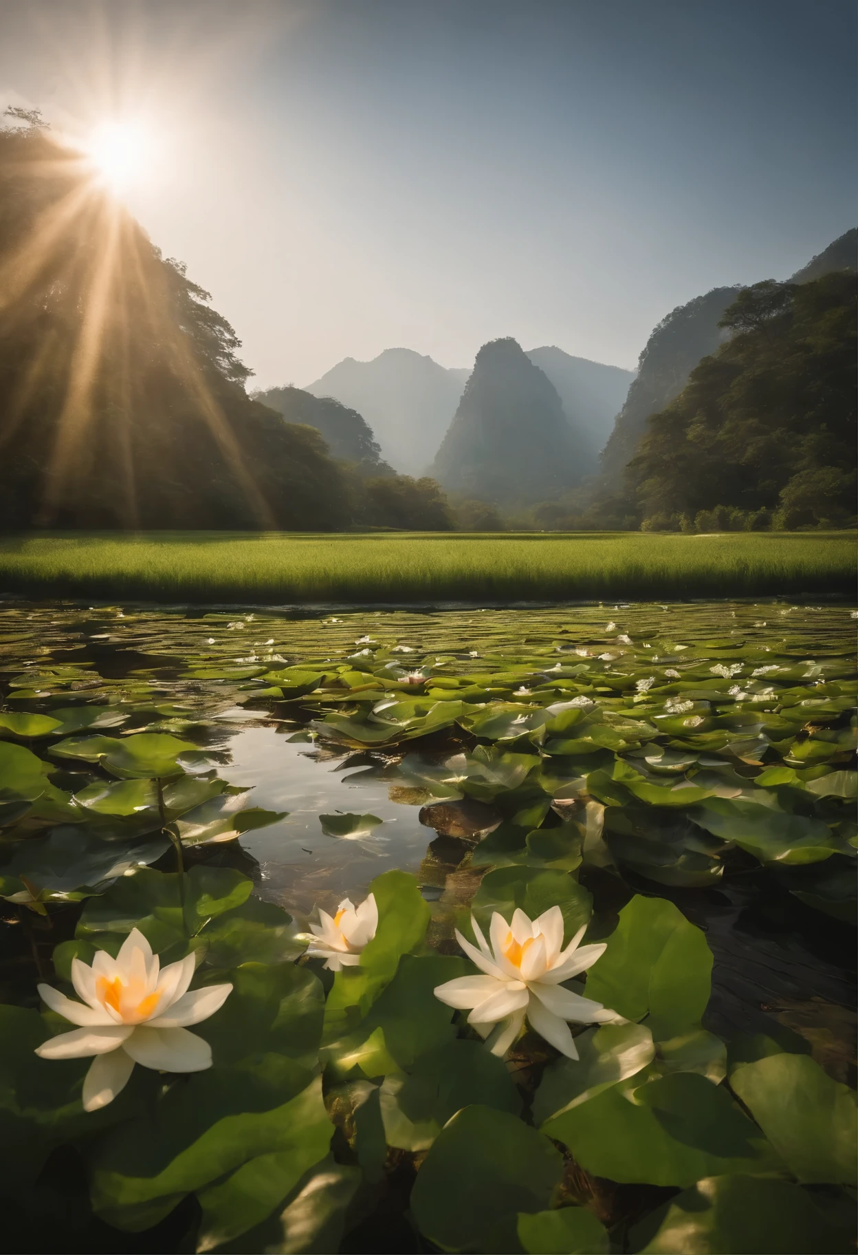 best quality,illustration,meditation,peaceful,peaceful scene,nature,Beautiful scenery,peaceful atmosphere,Floating lotus,soft light,Calm down,happy,of colors,Vibrant green plants,breeze,Inner Peace,Just relax,peaceful,Zen like atmosphere,水面上peaceful倒影,happy solitude,silence,deep meditation,静谧meditation的身影,endless clarity,Inner Peace