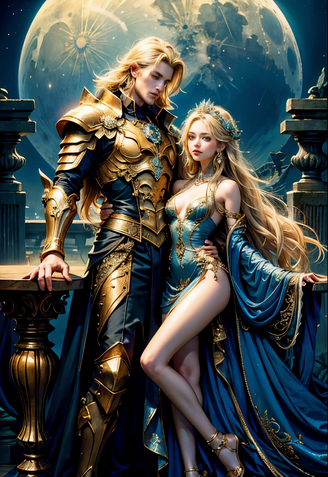 couple photo of two people(table, highest quality, Best quality, official art, beautiful and aesthetically pleasing:1.2), (1 girl in), looking at each other,very detailed,(fractal art:1.3),colorful,highest detail, she has long blonde hair and blue eyes, she has a long crystal wand, besides, What&#39;besides, What&#39;This&#39;this is the girl in the center of the photo...、Full moon in the background, she is wearing a luxurious golden dress