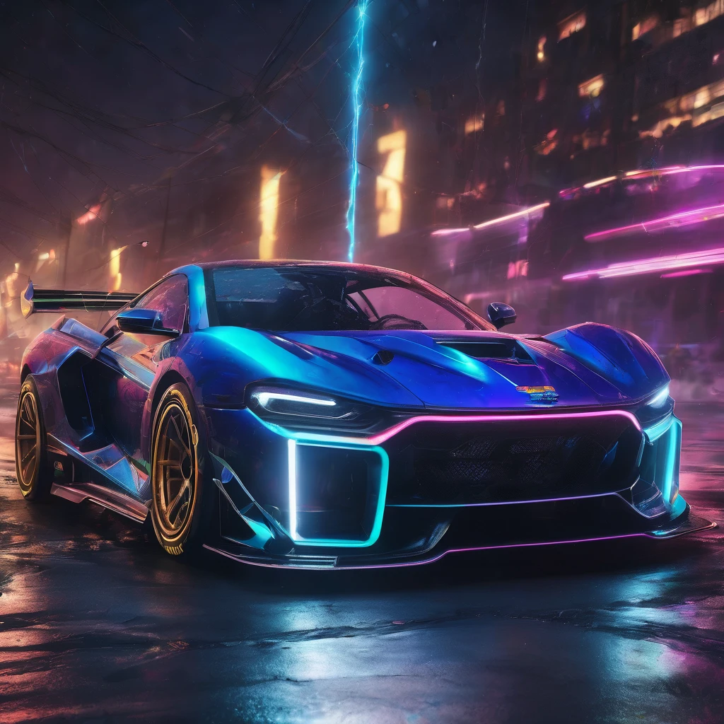 Racing Car, aesthetic, extremely detailed, speeding time lapse lightning flash neon car race detailed, detailed matte painting, deep color, fantastical, intricate detail, splash screen, complementary colors, fantasy concept art, 8k resolution trending on Artstation Unreal Engine 5