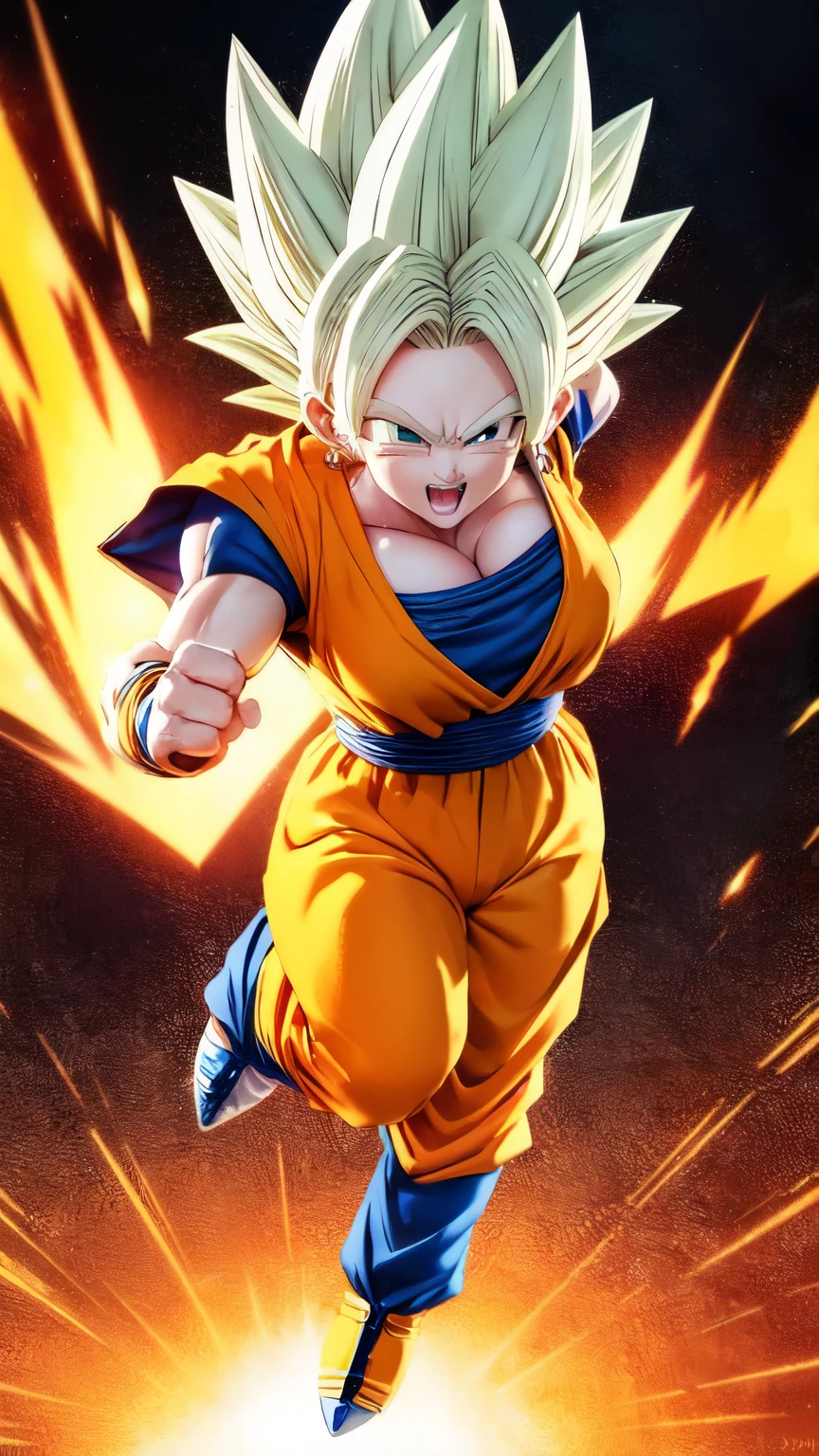 ((best quality)), ((masterpiece)), (detailed), perfect face, Dragon Ball anime, ((Full body photo, feet on the ground, straight body)), ((Laura/woman, big breasts, extremely beautiful)), ((Super Saiyan Superior Instinct)) {transformed into Super Saiyan wearing Goku costume, emanating golden magic aura circling furiously around the body. Background, completely destroyed city at night raining hard. She has {silver eyes, white Super Saiyan hair} her hair, face and her outfit are soaked in water, She is staring at the viewer, smiling, fists clenched, concentrating magical aura, in a forward attack pose. Anime Dragon Ball, high detail, anime, 16k, UHD,m, ccurate, anatomically correct, textured skin, super detail, high quality, award winning, ((Dragon Ball outfit)) ((Goku costume))