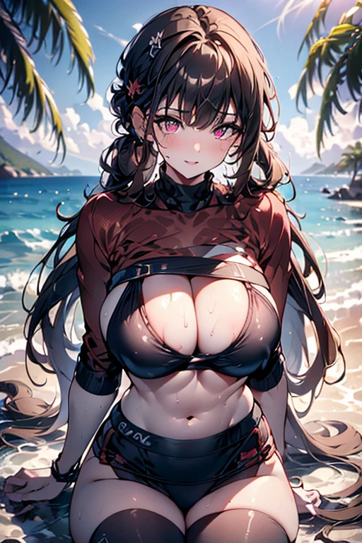 (masterpiece:1.2, best quality), (finely detailed beautiful eyes: 1.2), ((1girl)), ((solo)), (finely detailed eyes and detailed face:1.3), (scenery:1.2), (extremely detailed CG, ultra-detailed, best shadow:1.1), ((depth of field)), beautiful concept illustration, (illustration:1.1), (extremely fine and beautiful:1.1), (perfect details:1.1), sexy genital pose gesture、cheeky pose、(putting fingertips on lips),(with sparkling eyes and a contagious smile),((undressing in front of an viewer, erotically standing on knee, capturing the moment when her clothes are lowered and she caresses herself, caressing breast or erotically licking her finger, while caresiing cute eyes, open mouth or parted lips)) White skin that emphasizes transparency, crisp eye makeup, ruddy blush, thick natural parallel eyebrows, Light brown hair, long hair, soft curly hair, smile, wet skin, sweat, Floral bikini swimsuit, o-ring bikini, beautiful sky, beautiful sea, cloud, sun light, sitting, summer, beach, lens flare, shining, aureole mesmerizing eyes, luscious lips, shadowplay emphasizing beauty, artistic composition. (best quality, highres, masterpiece:1.2), ultra-detailed, (realistic:1.37) illustration, erotic style, soft lighting, sweat glistening on her body, gentle warmth, dark and mysterious, small breast,narrow waist,(with sparkling eyes and a contagious smile),her thin pubic hair, Realistic,((big breasts:0.9)),(((sports gym:1.2))),cleavage , (get sweaty), looking at viewer,