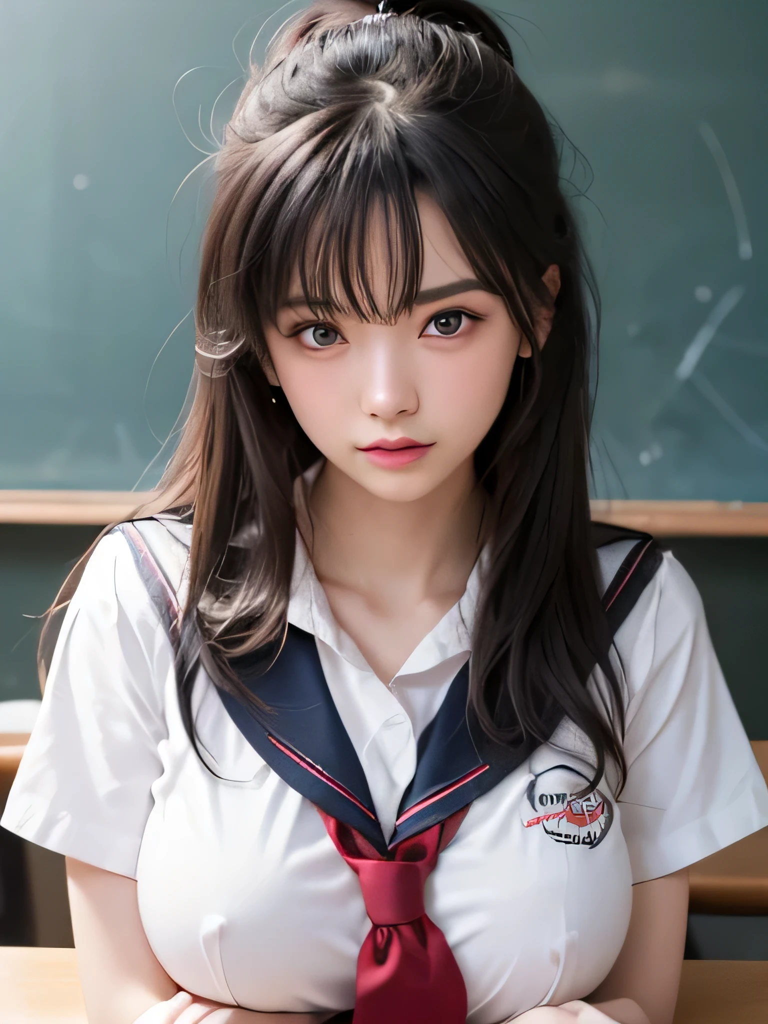 8K,highest quality, table top, Super detailed, 超A high resolution, realistic, Raw photo, absurd, absolute resolution, 1 girl, alone,upper body shot, looking at the viewer,young beautiful japanese woman, super cute face, gorgeous appearance, big breasts , long bob hair ,smile,(school uniform:1.3), learning environment, classroom, teacher and student, teaching materials, academic achievements, Glossy lips of lifelong learning, double eyelids in both eyes, natural makeup, long eyelashes, 艶やかで滑らかなライトブラウンのlong bob hair, asymmetrical bangs, shiny skin, center image, High resolution, high detail, detailed hairstyle, detailed face, great movie lighting, octane rendering, lively, 超realistic, perfect limbs, perfect anatomy、very big Q cup breasts、well-shaped chest 、show your chest、silky shiny skin、Sexy and very beautiful lovely cute gorgeous face、gorgeous blonde silky hair、big fancy pale blue eyes、Bangs swaying in front of the face、beautiful and cute 16 year old girl、、sailor suit、big and full breasts、skin as white as snow,ponytail、mini skirt、Glamour、Her skirt is flipped up and her white panties are visible...、wearing white panties、upper body nude