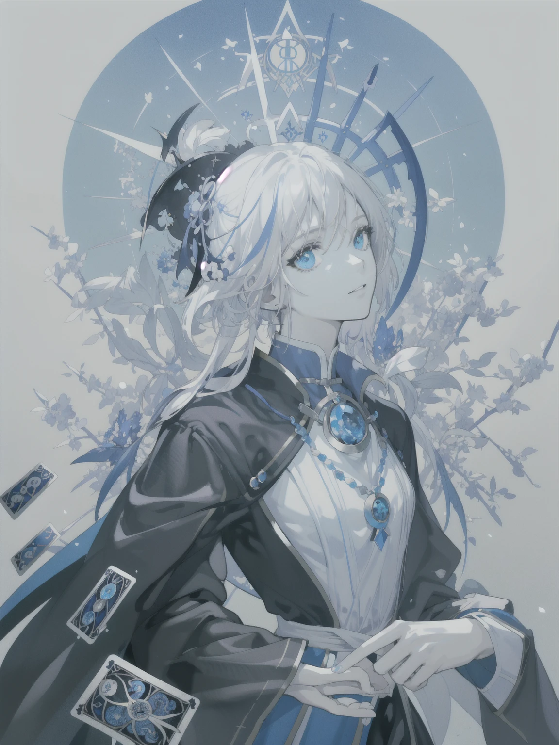 ((masterpiece:1.2, best quality)), 4k, adult, 1woman, female, black and blue color scheme, white hair, (((tarot card the fool))), best anatomy, no mistakes, upper body