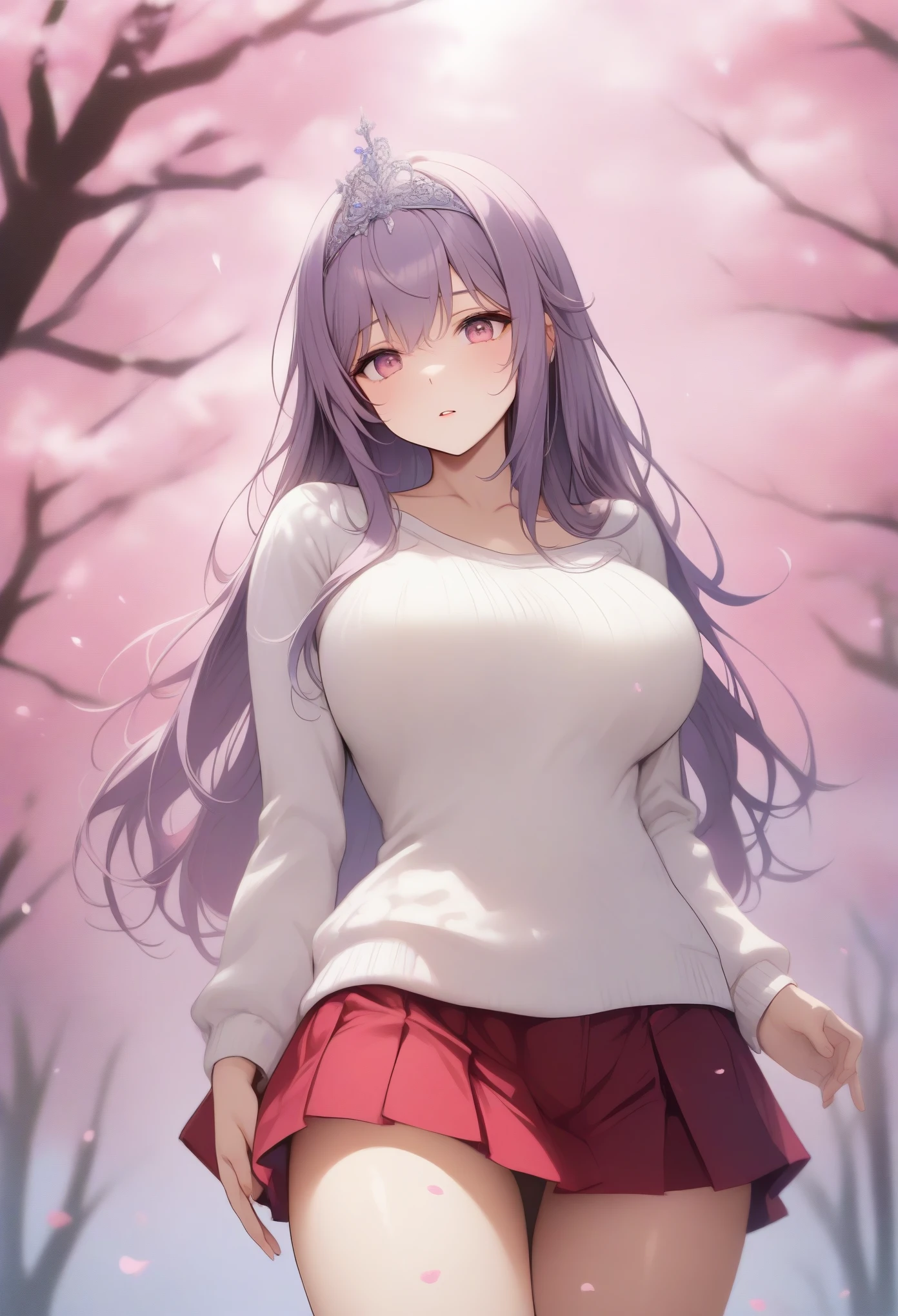 (masterpiece, best quality:1.2), sweater, short skirt, Eyes are very delicate, beautiful girl, long hair, Under the cherry blossom tree, Sakura petals are flying all over the ground, Overmuch, big and droopy, big tiara, ((best quality)), ((intricate details)), ((Surrealism))(8K), giga_busty