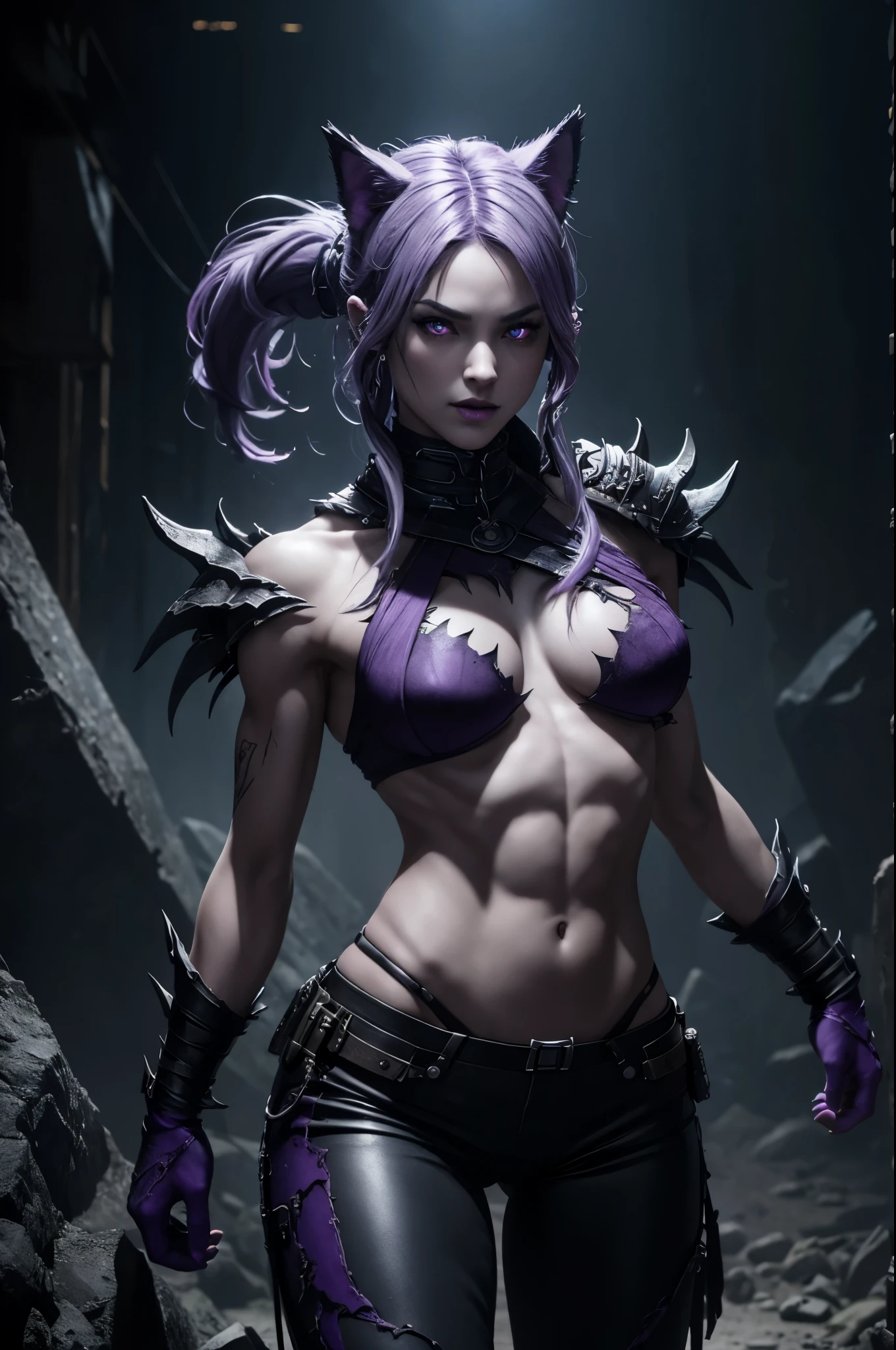 8K,Wrathful Werewolf of the Underworld,attack with sharp claws,purple eyes,Violent and strongly cracked abdominal muscles,sharp wolf fangs,gray and purple hair,black combat pants,masterpiece,Photorealistic RAW photos of the highest quality。bright colors,rich colors, Backlight, cinematic lighting, film grain, to be born, 50MM lens, Nikon D850,realistic skin,fantasy art,character art,ultra high resolution,realistic scale skin,Perfect hand shape,dark underworld wasteland,