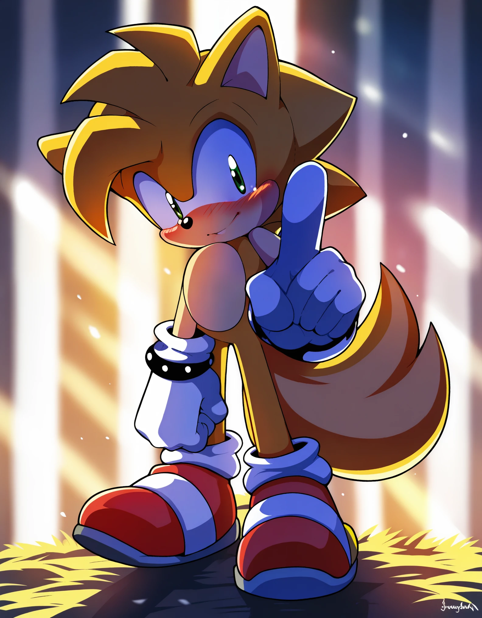 score_9, score_8_up, score_7_up, Solo, outdoors, detailed background, standing, blushing, (miles prower \(sonic\), red shoes with white stripe), by hioshiru, by braeburned, by oxfort2199, extremely detailed, detailed shading, soft shading, volumetric lighting, natural light