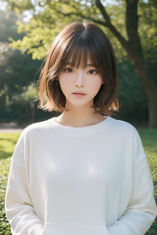 ((highest quality)), ((masterpiece)), (be familiar with), perfect face、illuminated by soft natural light、evokes a sense of calm and introspection、Creates a meditative atmosphere、Delicate and detailed face、white sweatshirt、surreal、very detailed、Detailed、Pure erotic face ace、fluffy brown short hair、The background is a park、