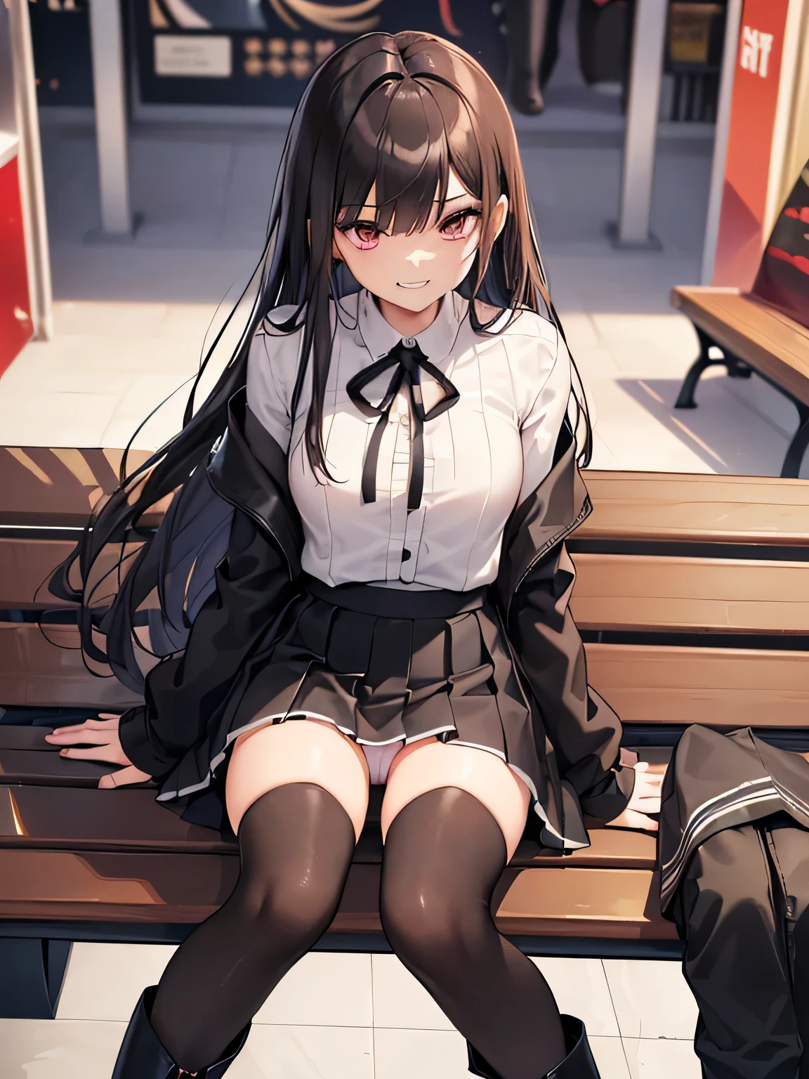 (1) there is one woman,
(2) (A woman sits with her legs closed and her knees pressed together:1.5), (Please make sure that the pants are visible above the thighs..:1.5)、(both feet are on the ground:1.5)、
(3) (woman wears white long sleevesVI'ネックニットを着ているI:1.5)、(The skirt is a tight miniskirt without pleats..:1.8)、(She wears long, slim black boots.:1.5)、
(4) The pants are red and have a flashy pattern..、
(5) woman has short brown hair, shining eyes, A provocative grin,
(6) (The location is a bench in a shopping mall..:1.5),
(7) highest quality, High resolution, realistic pictures, realistic skin,