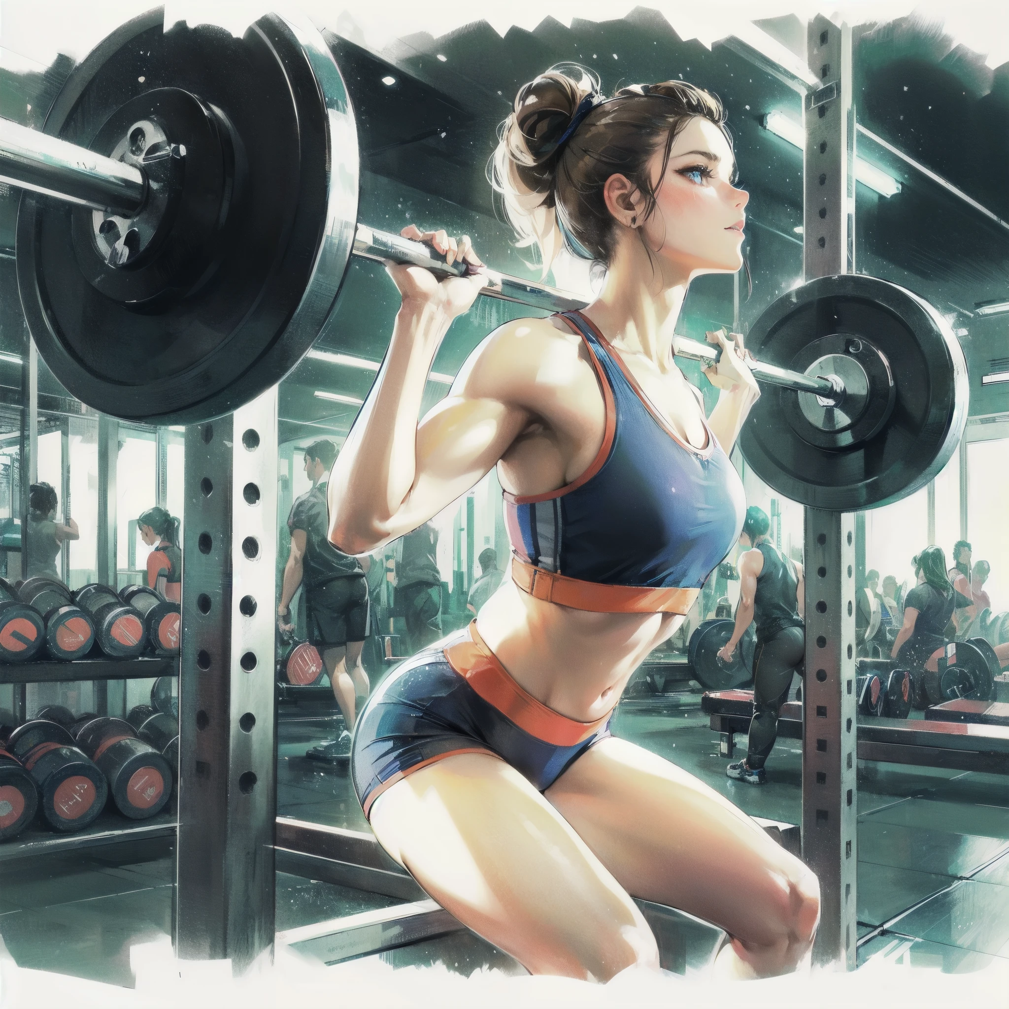 high quality,HD,16k,sharp lines,1 girl,Female weightlifting athlete ,cute face, large breasts, nice legs,At the weightlifting venue,focus girl,detailed beautiful face,detailed clothes,beautiful eyes,cool,dynamic angle