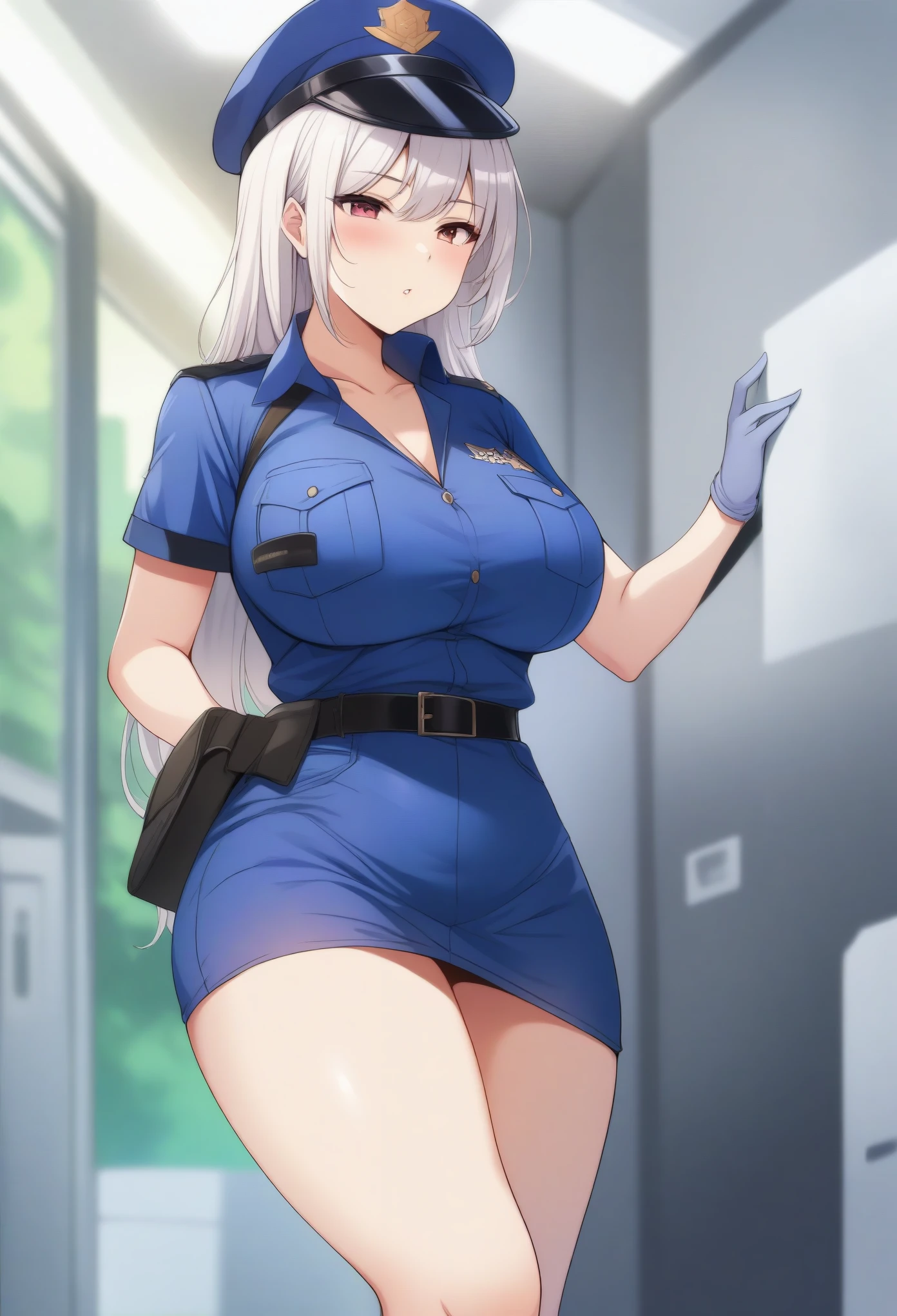 (masterpiece, best quality:1.2), police woman in skirt police uniforms, giga_busty