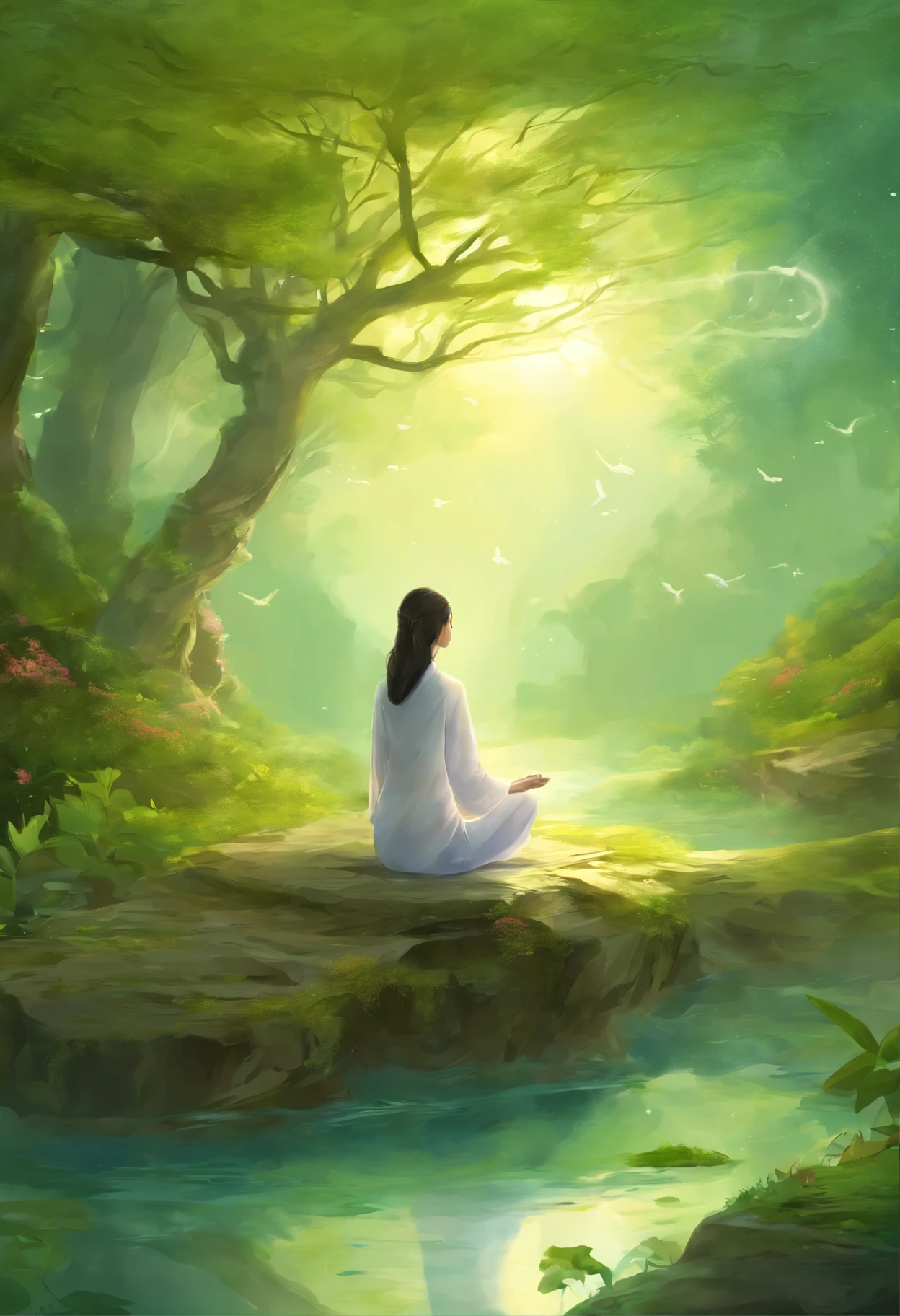 best quality,illustration,meditation,peaceful,peaceful scene,nature,Beautiful scenery,peaceful atmosphere,Floating lotus,soft light,Calm down,happy,of colors,Vibrant green plants,breeze,Inner Peace,Just relax,peaceful,Zen like atmosphere,水面上peaceful倒影,happy solitude,silence,deep meditation,静谧meditation的身影,endless clarity,Inner Peace