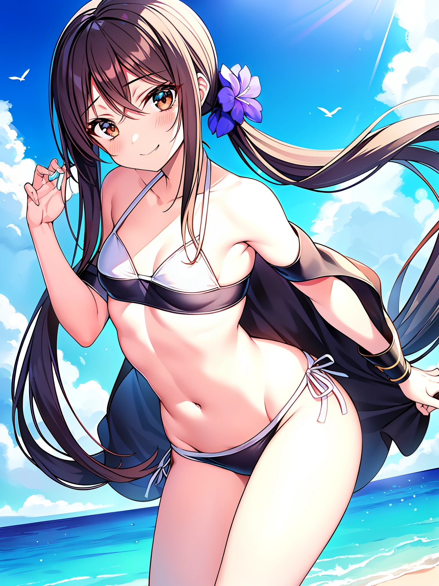 Princess rubber、Hojoin Holy Flower、small breasts少女の子1人、outdoor、island、beach、seawater、swimsuit、bikini、白マイクロbikini、hot pose、playfulness、long hair、twin tails、brown hair、brown eyes、blush、clavicle、chest、hair between eyes、barefoot、bare shoulders、smile、非対称bikini、rock、Are standing、beautiful body、beautiful nose、beautiful character design、perfect eyes、perfect face、Charm、wallpaper、perfect writing、colorful、ultra high resolution、4K、photograph、(beautiful woman、small breasts:1.5)、(beautiful face:1.2)、(constriction)、(whole body:1.3)、Glossy skin、anime screen cap、nsfw、Representative of Shuho Academy's social club, where only selected people can belong.。ヒロイン達の中で唯一のsmall breasts枠。Strong but responsible and caring、She always acts with her friends Ayano Kaneko and Erika Takezono.。Up-and-coming fashion designer and model
