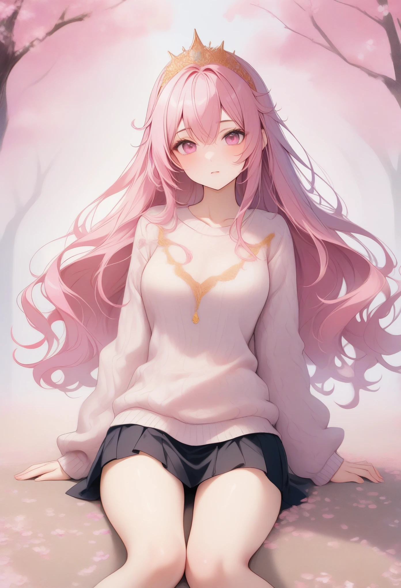 (masterpiece, best quality:1.2), sweater, short skirt, Eyes are very delicate, beautiful girl, long hair, Under the cherry blossom tree, Sakura petals are flying all over the ground,  Overmuch, big and droopy, big tiara, （（best quality））,  （（intricate details））, （（Surrealism））（8K）