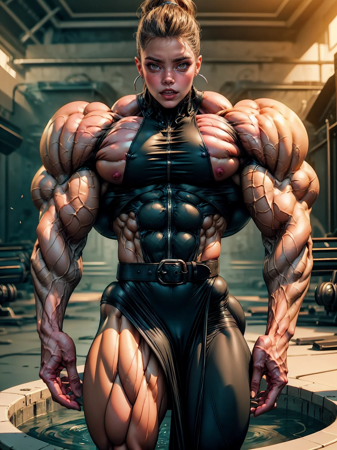 Cinematic, clear facial features and insanely detailed, it captures the essence of a (naked muscular girl:1.45) (cara delevingne) with very large breasts. (full body pose). The color grading is beautifully done, enhancing the overall cinematic feel. Unreal Engine brings her to life, her appearance even more mesmerizing. With the use of depth of field (DOF), every detail is focused and accentuated, drawing attention to her eyes and hair. The image resolution is at its peak, utilizing super-resolution technology to ensure every pixel is perfect. Cinematic lighting enhances her aura, while anti-aliasing techniques like FXAA and TXAA keep the edges smooth and clean. Adding realism to the muscular girl , RTX technology enables ray tracing, it look as if it's actually there. Additionally, SSAO (Screen Space Ambient Occlusion) gives depth and realism to the scene, the girl's presence even more convincing. In the post-processing and post-production stages, tone mapping enhances the colors, creating a captivating visual experience. The integration of CGI (Computer-Generated Imagery) and VFX (Visual Effects brings out her muscular features in a seamless manner. SFX (Sound Effects) complement the visual artistry, immersing the viewer further into this fantastic world. The level of detail is awe-inspiring, with intricate elements meticulously crafted, the artwork hyper maximalist and hyper-realistic. Volumetric effects add depth and dimension, and the photorealism is unparalleled. The image is rendered in 8K resolution, ensuring super-detailed visuals. The volumetric lightning adds a touch of magic, highlighting her beauty and aura in an otherworldly way. High Dynamic Range (HDR) technology makes the colors pop, adding richness to the overall composition. Ultimately, this artwork presents an unreal, yet stunningly real portrayal of an incredibly beautiful girl. The sharp focus ensures that every feature is crisply defined, leaving the audience captivated by her presence.