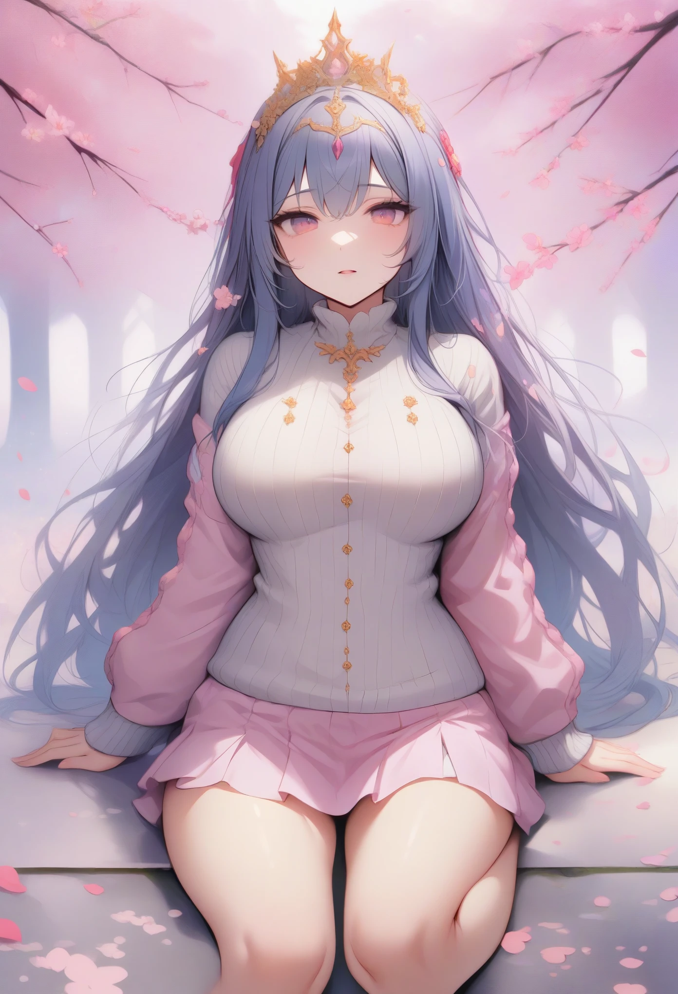 (masterpiece, best quality:1.2), sweater, short skirt, Eyes are very delicate, beautiful girl, long hair, Under the cherry blossom tree, Sakura petals are flying all over the ground, Overmuch, big and droopy, big tiara, ((best quality)), ((intricate details)), ((Surrealism))(8K), giga_busty