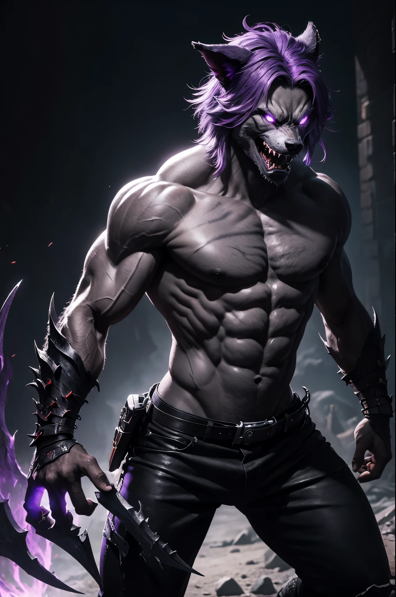 8K,Wrathful Werewolf of the Underworld,attack with sharp claws,purple eyes,Violent and strongly cracked abdominal muscles,sharp wolf fangs,gray and purple hair,black combat pants,masterpiece,Photorealistic RAW photos of the highest quality。bright colors,rich colors, Backlight, cinematic lighting, film grain, to be born, 50MM lens, Nikon D850,super realistic skin,fantasy art,character art,ultra high resolution,realistic scale skin,Perfect hand shape,dark underworld wasteland,