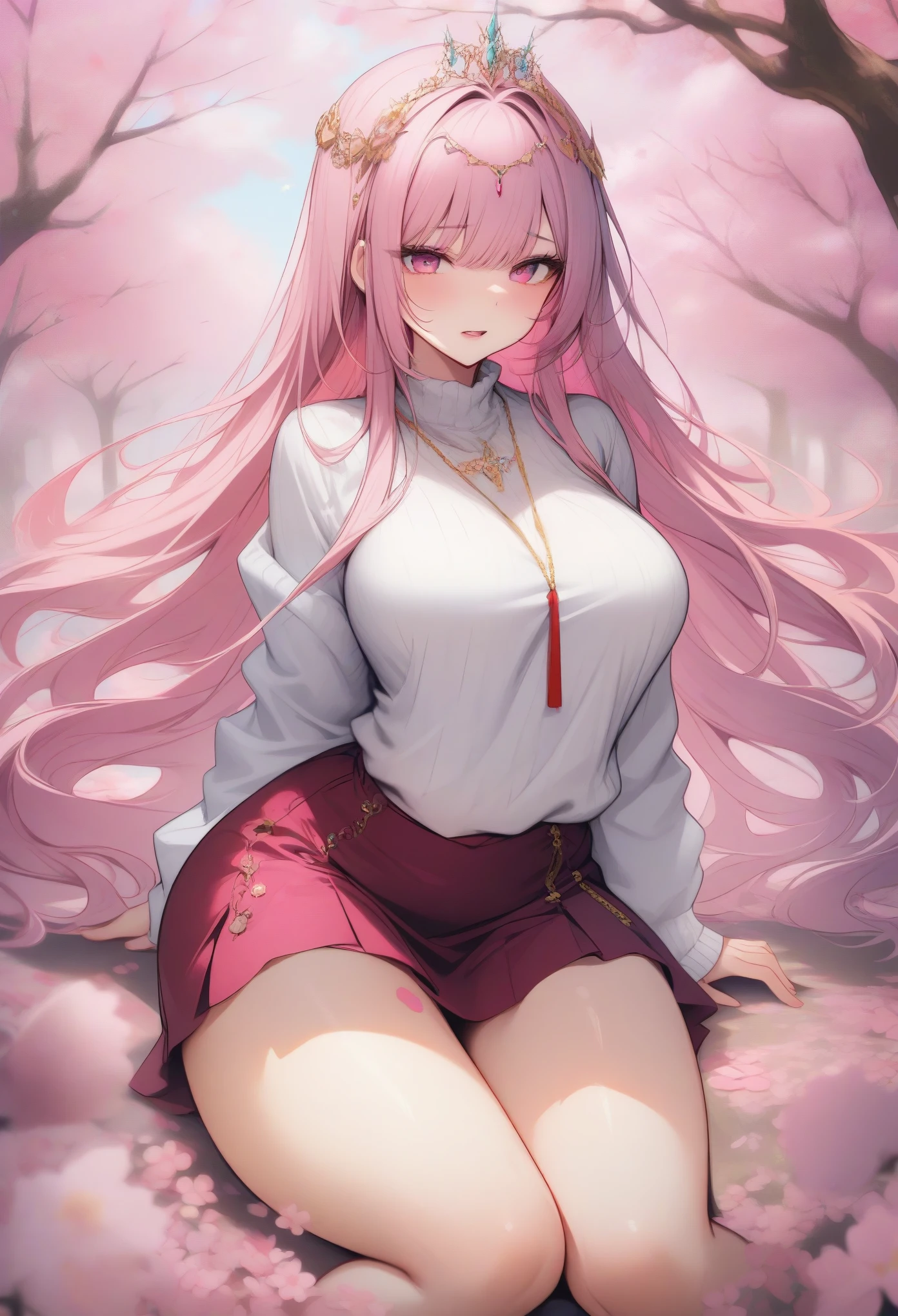 (masterpiece, best quality:1.2), sweater, short skirt, Eyes are very delicate, beautiful girl, long hair, Under the cherry blossom tree, Sakura petals are flying all over the ground,  Overmuch, big and droopy, big tiara, （（best quality））,  （（intricate details））, （（Surrealism））（8K）, giga_busty