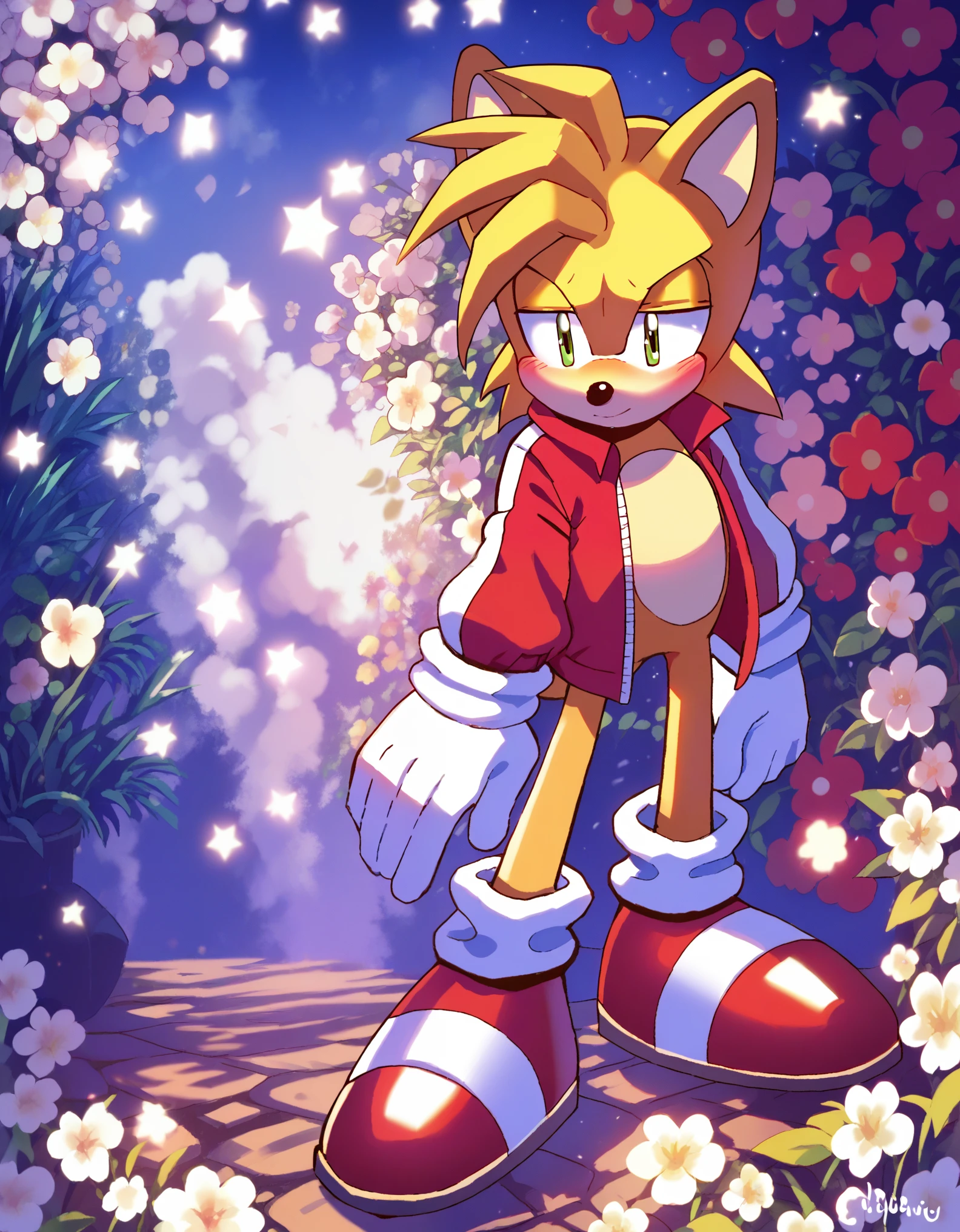 score_9, score_8_up, score_7_up, Solo, outdoors, detailed background, standing, blushing, (miles prower \(sonic\), red shoes with white stripe), by hioshiru, by braeburned, by oxfort2199, extremely detailed, detailed shading, soft shading, volumetric lighting, natural light