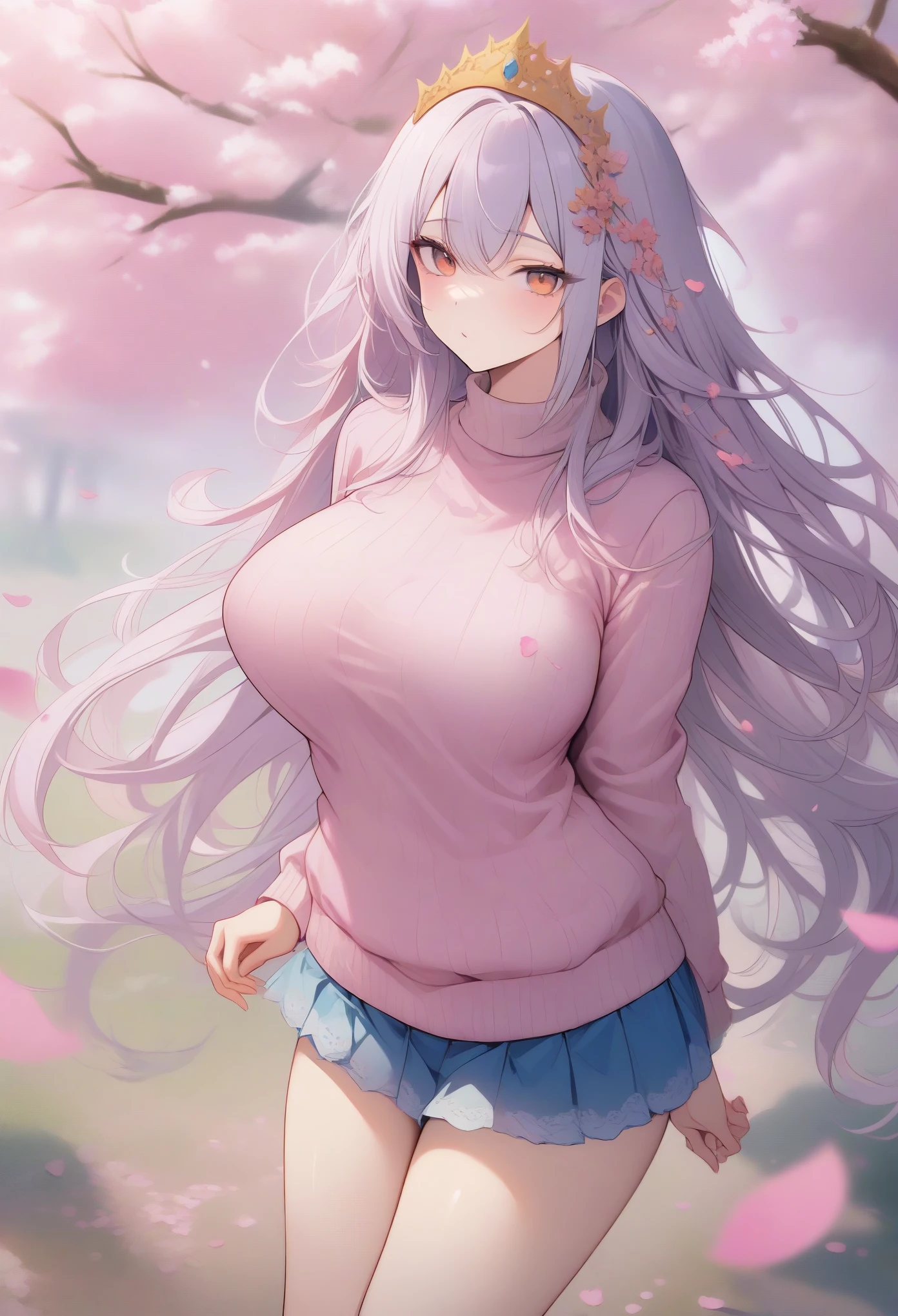 (masterpiece, best quality:1.2), sweater, short skirt, Eyes are very delicate, beautiful girl, long hair, Under the cherry blossom tree, Sakura petals are flying all over the ground, Overmuch, big and droopy, big tiara, ((best quality)), ((intricate details)), ((Surrealism))(8K), giga_busty