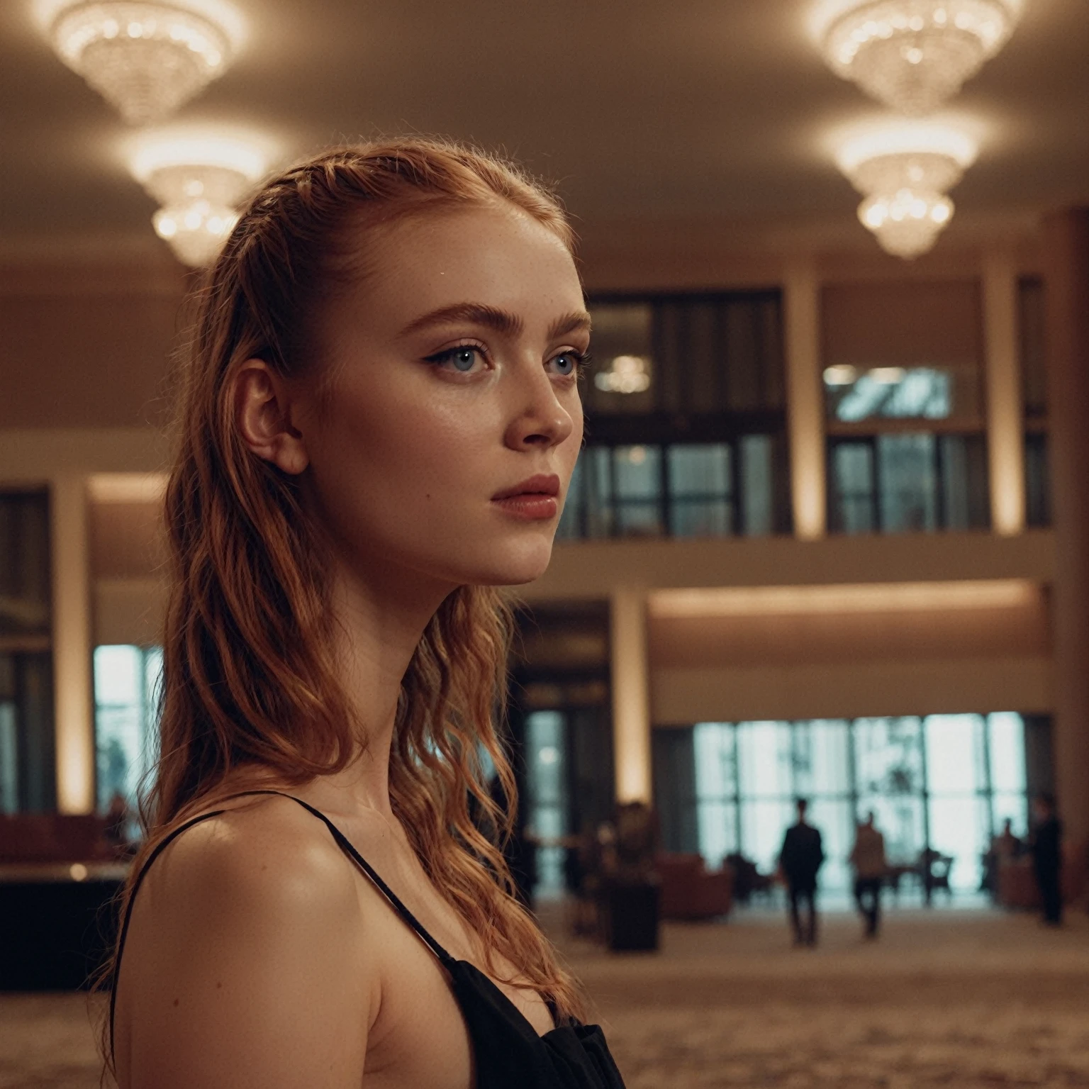 extreme face closeup of beautiful ((ohwx woman)) in a resort lobby, sharp focus, looking at the camera, realistic matte skin, cinematic style, dark ambiance , 